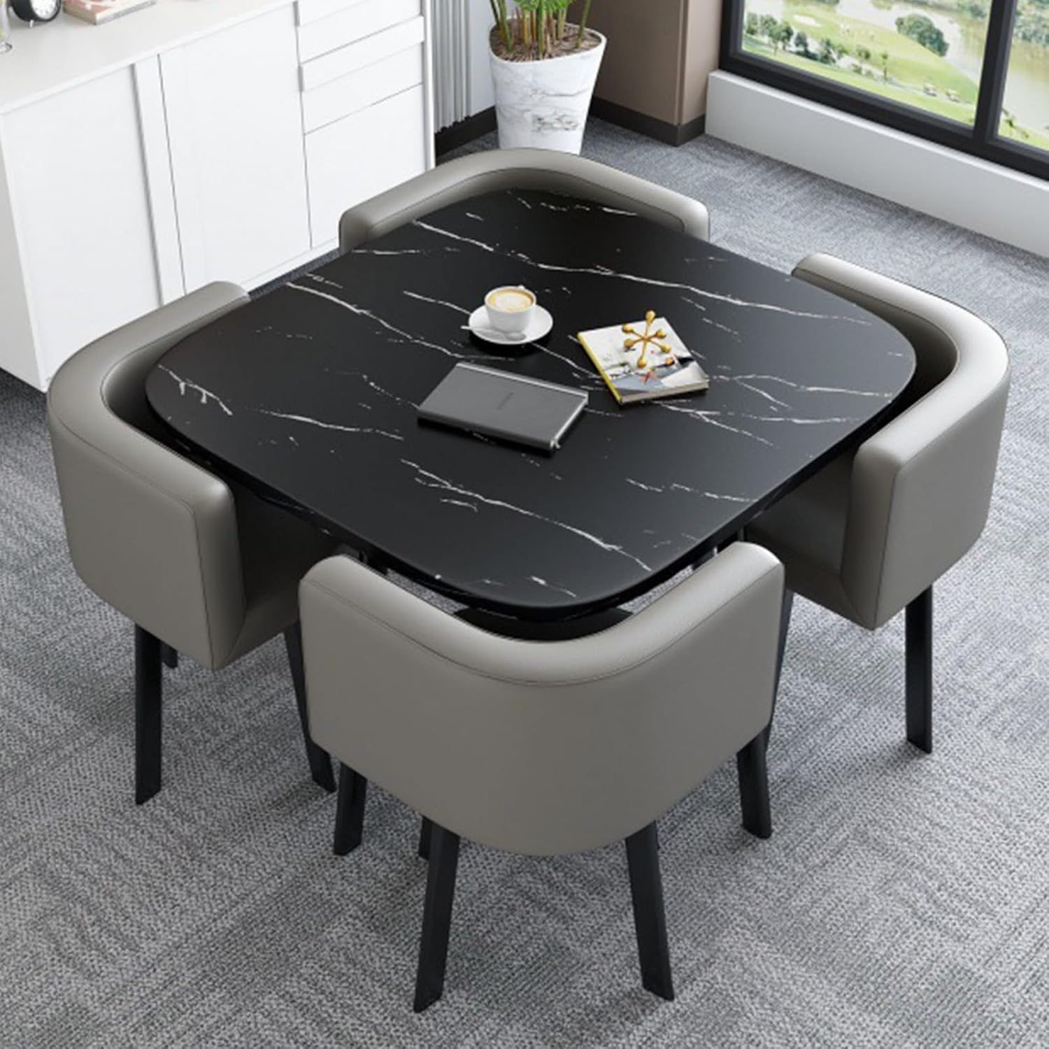 Small Coffee Dining Table and Chair Set for 4, Square Table with 4 PU Chair and Black Metal Bracket, Office Business Hotel Lobby Dining Table Set, Garden Furniture Combination Sets(Gray,80cm/31.5in)