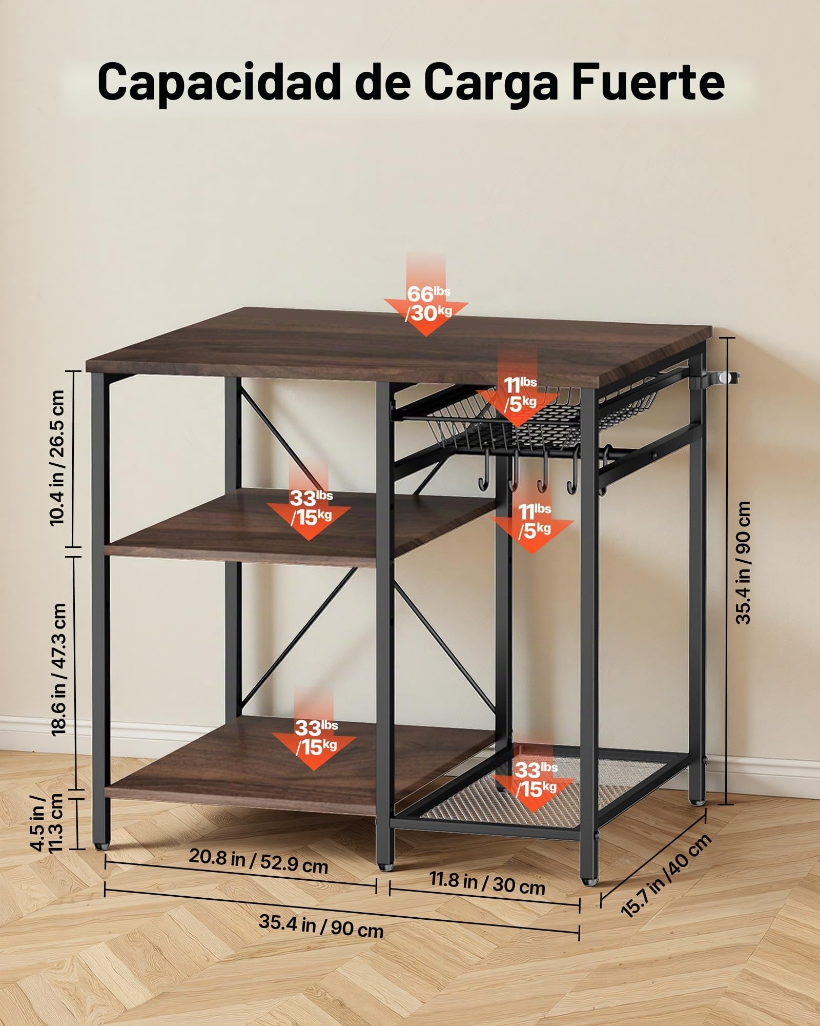 VEVOR Estante para Panaderos de Cocina de 3 Niveles, Estantería de Almacenamiento de Servicios 90 x 40 x 90 cm con 5 Ganchos, Carga del Superior de 30 kg, Estante con Soporte para Horno Microondas