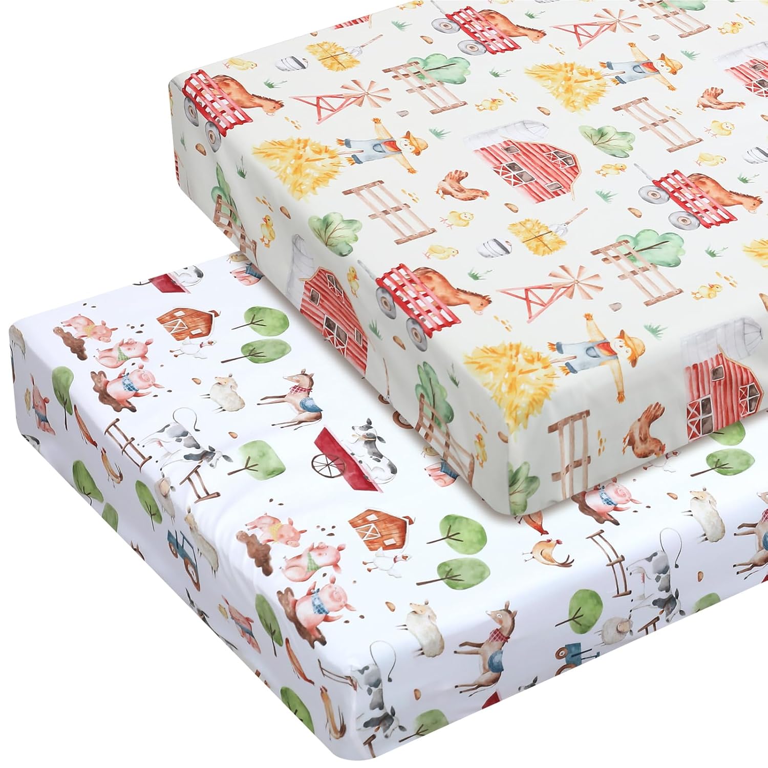 2 Pcs Farm Animal Crib Sheet Set 52 x 28 x 8 Inches Baby Sheet Newborn Bedding Nursery Crib Sheets for Girl Boys Baby Gifts for Toddler Mattresses
