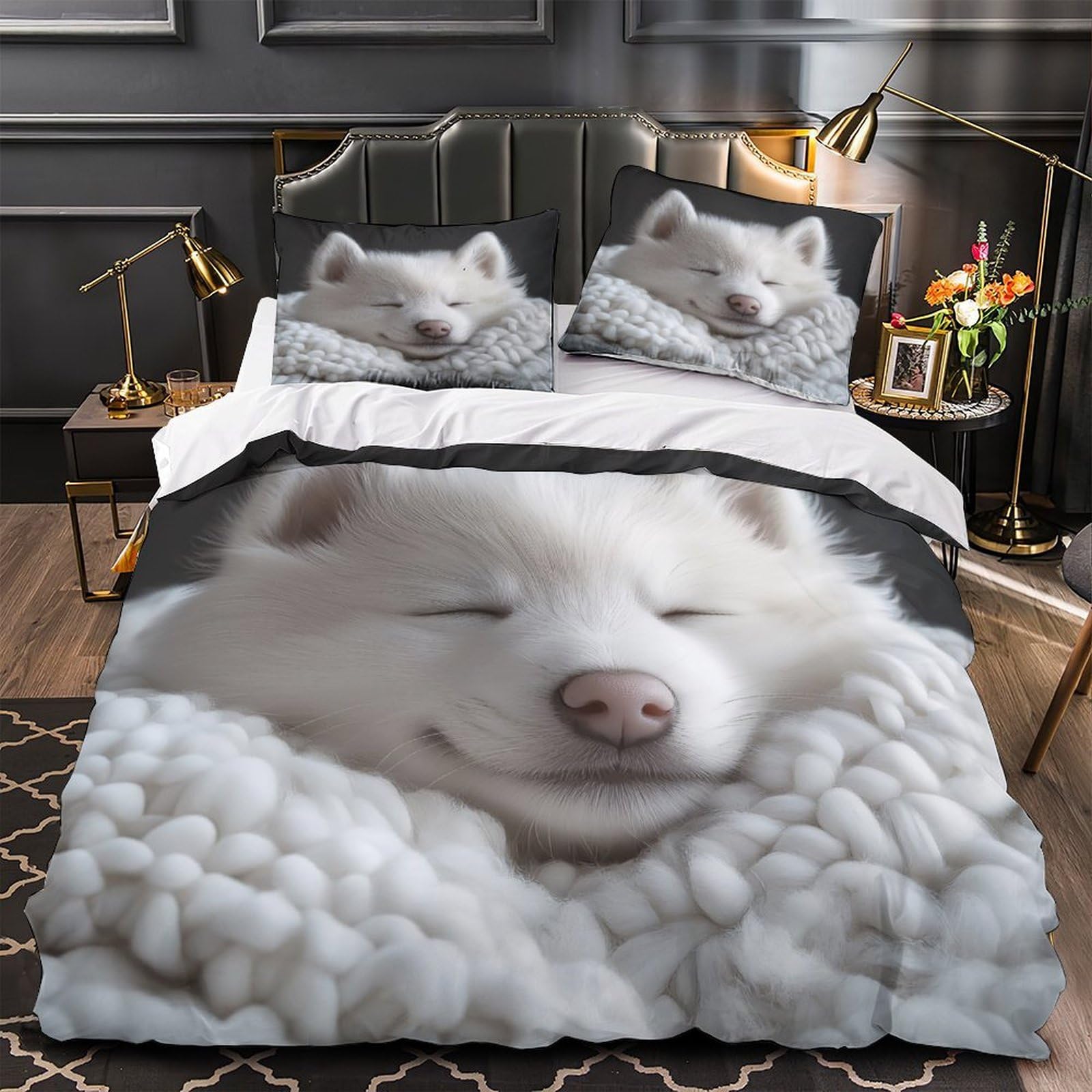 Housse de couette chiot blanc 135x200cm en microfibre douce pour lit enfant
