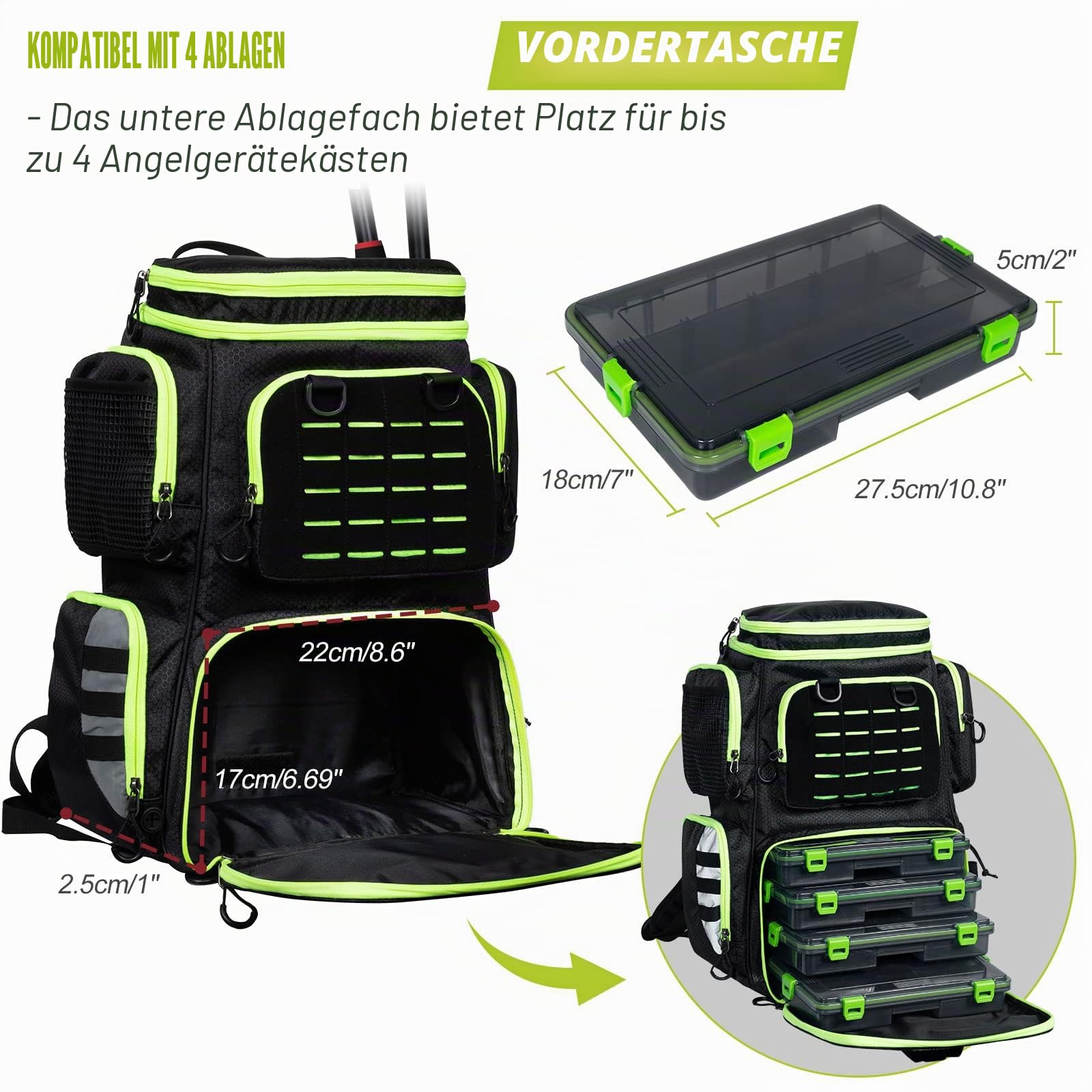 Angelausrüstungs-Rucksack mit 4 Angelboxen, großer Stauraum – widerstandsfähiger Angelrucksack mit Rutenhalter für Angeln, Camping, Wandern, Outdoor-Sport