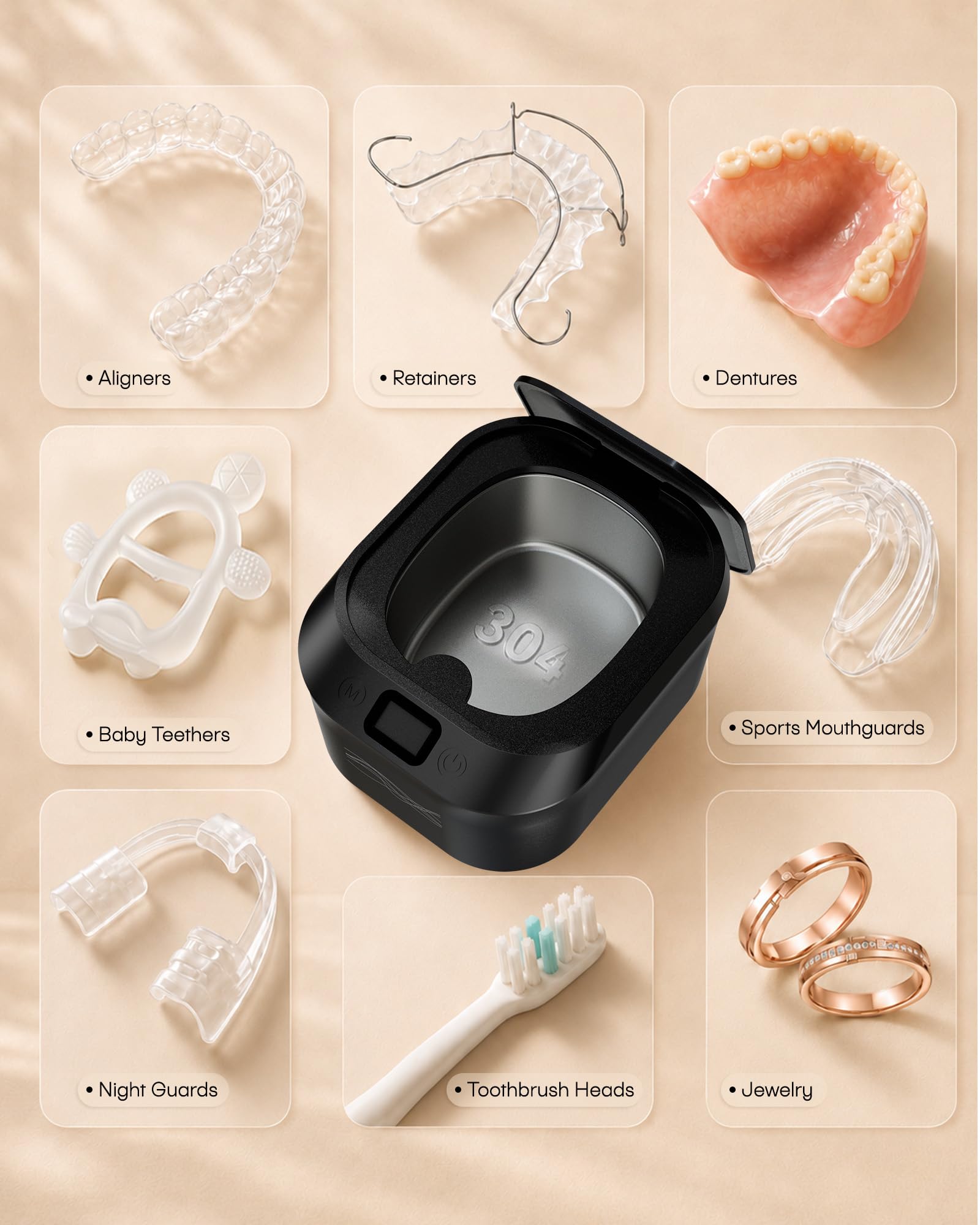 Pulitore a Ultrasuoni per Apparecchio, Pulitore a Ultrasuoni da 48kHz con Luce UV, Contenitore da 220mL, 7 Modalità, Pulitore Dentale per Dentiera, Paradenti, Allineatore, Bite e Gioielli