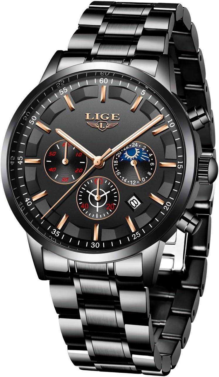 Mens Watches Waterproof Stainless Steel Sport Analogue Quartz Watch Men Business Casual Chronograph Date Moon Phase Military Black Wrist Watch