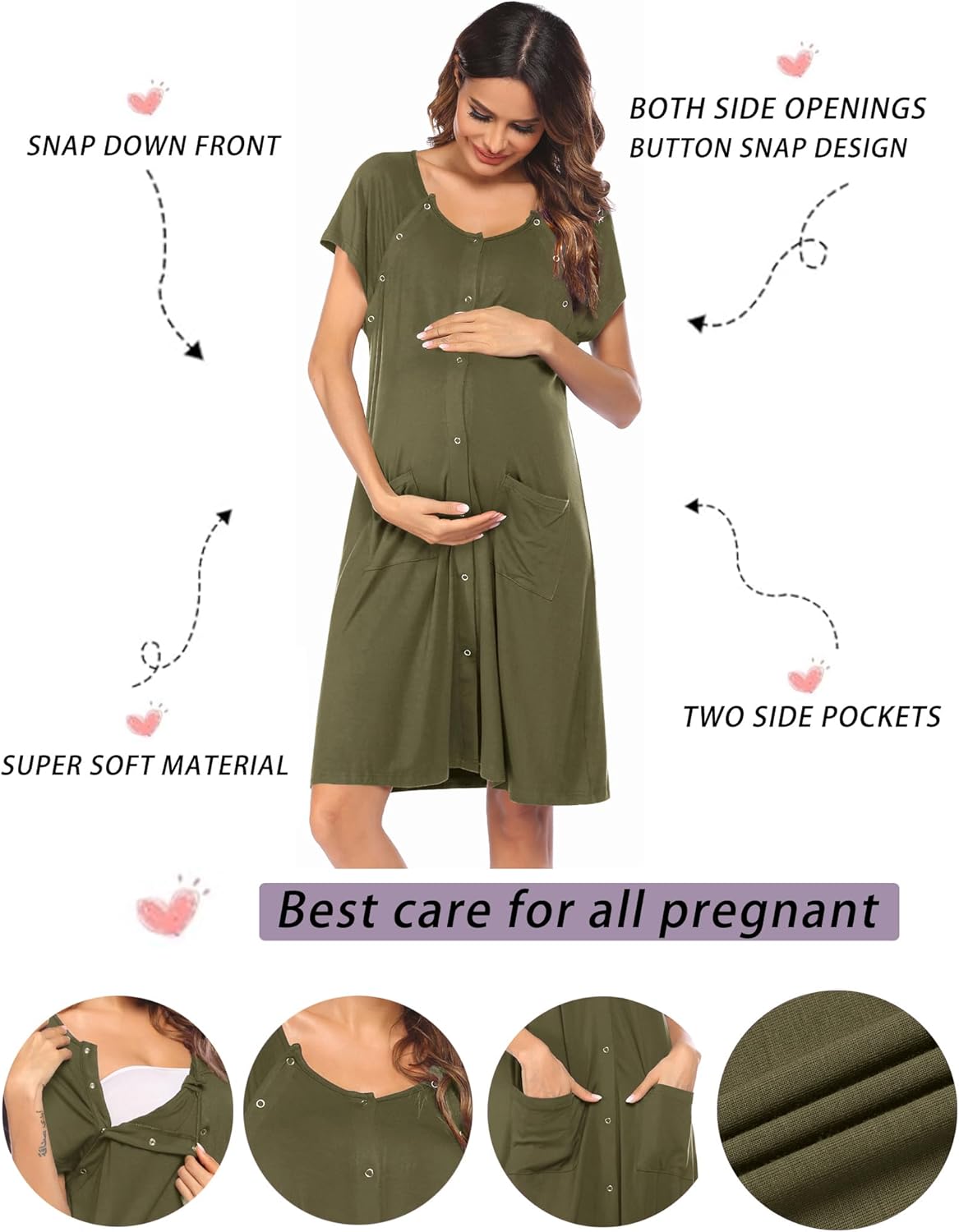 Ekouaer 3 in 1 Labor/Delivery/Hospital Gown Nursing Dress Maternity Nightgown Sleepwear for Breastfeeding with Button S-XXL - Image 2
