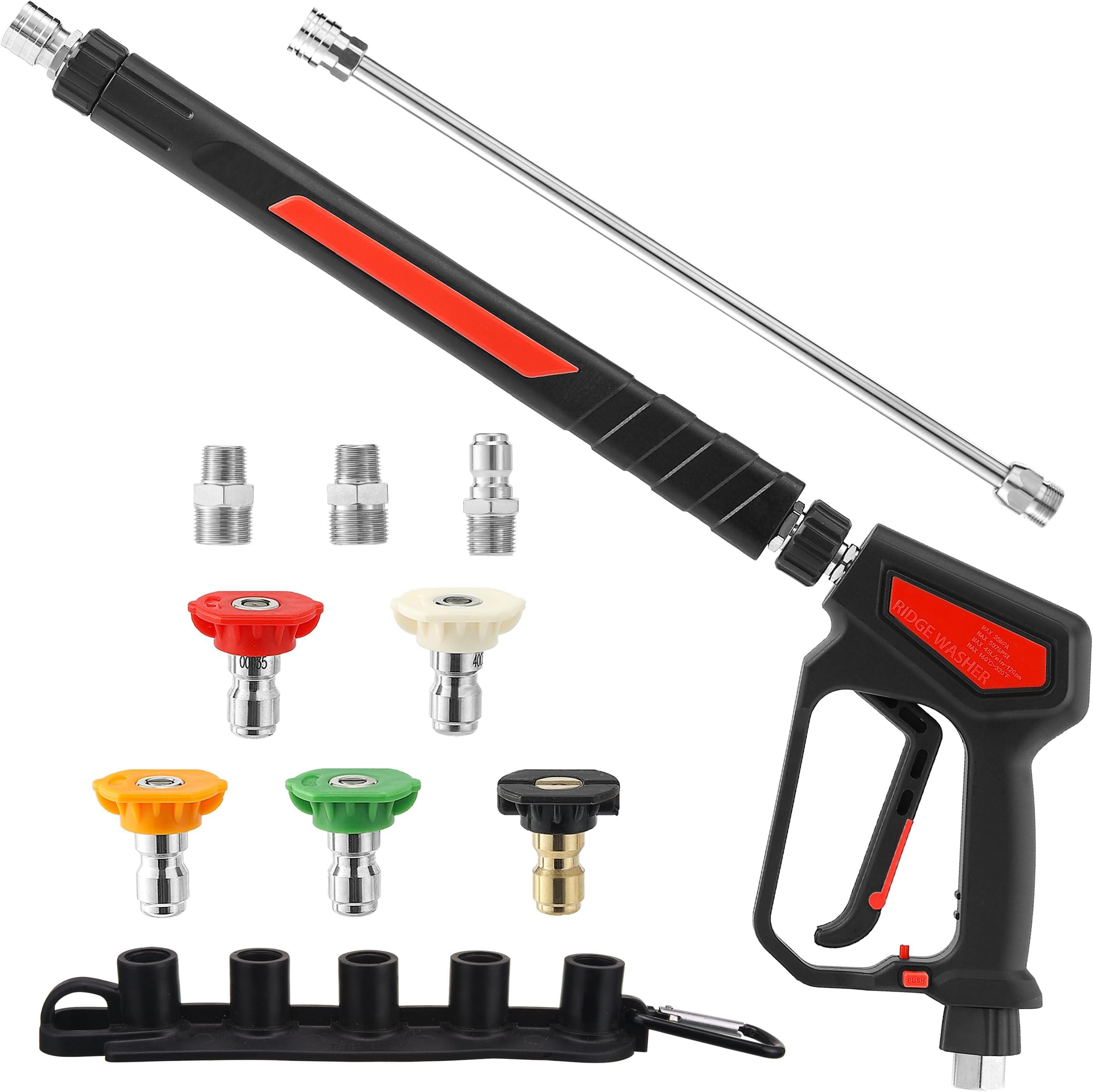 Pressure Washer Gun 5000 PSI, 12 GPM, Power Washer Gun with Stainless Steel Extension Wand, Detachable M22 14 Male to 1/4" Quick Connect, 360° Swivel 3/8'' NPT Thread, M22 Fitting