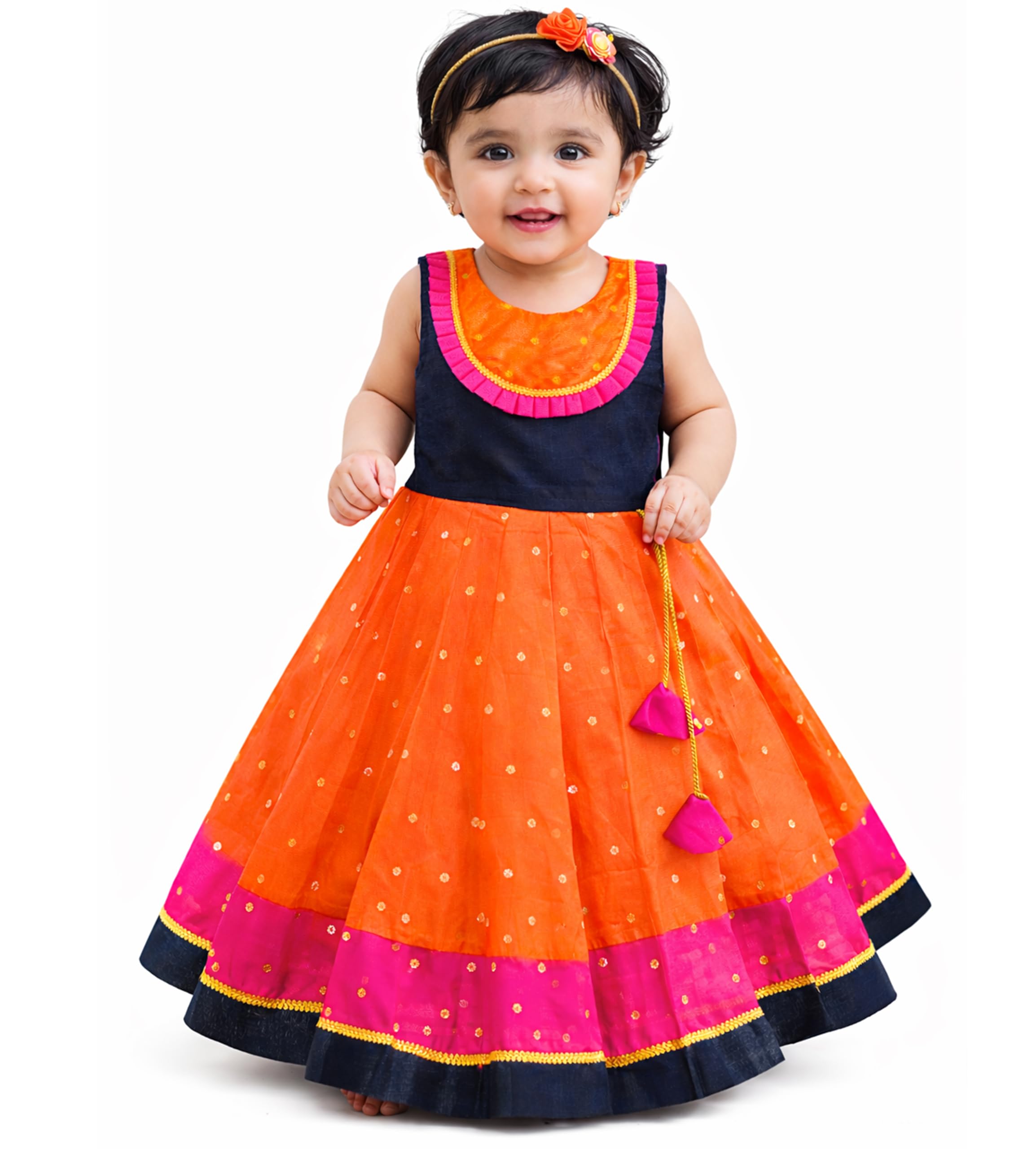 Girls Designer Lehenga Choli Set Orange Rani Pink Readymade Pattu Pavadai Style Traditional Ethnic Dress for Baby Girls Kids Festive Wedding 3Months-8 Years-image-13