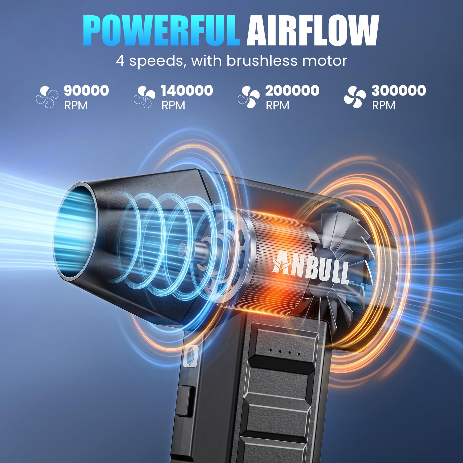 Anbull Soffiatore Aria Compressa a Batteria 300000RPM, 4 Velocità | soffiatore d’aria ricaricabile senza fili, mini soffiatore a batteria Ricaricabile per Pulizia PC, Tastiera, Auto e Casa