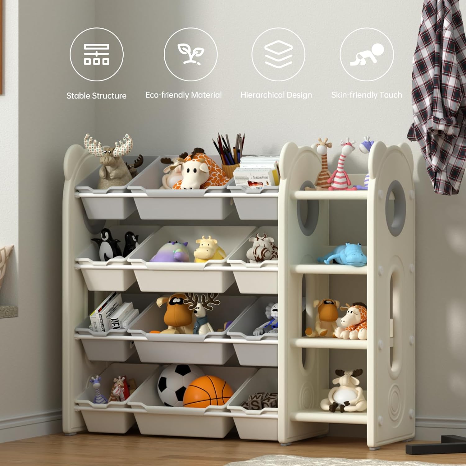 Kids Toy Storage Organizer with 12 Removable Plastic Bins, Modern Toy Organizer Kids Book Rack Storage Bookshelf,Kids and Toddler Toy Storage for Playroom,Daycare and Nursery,4 Tiers - Image 7