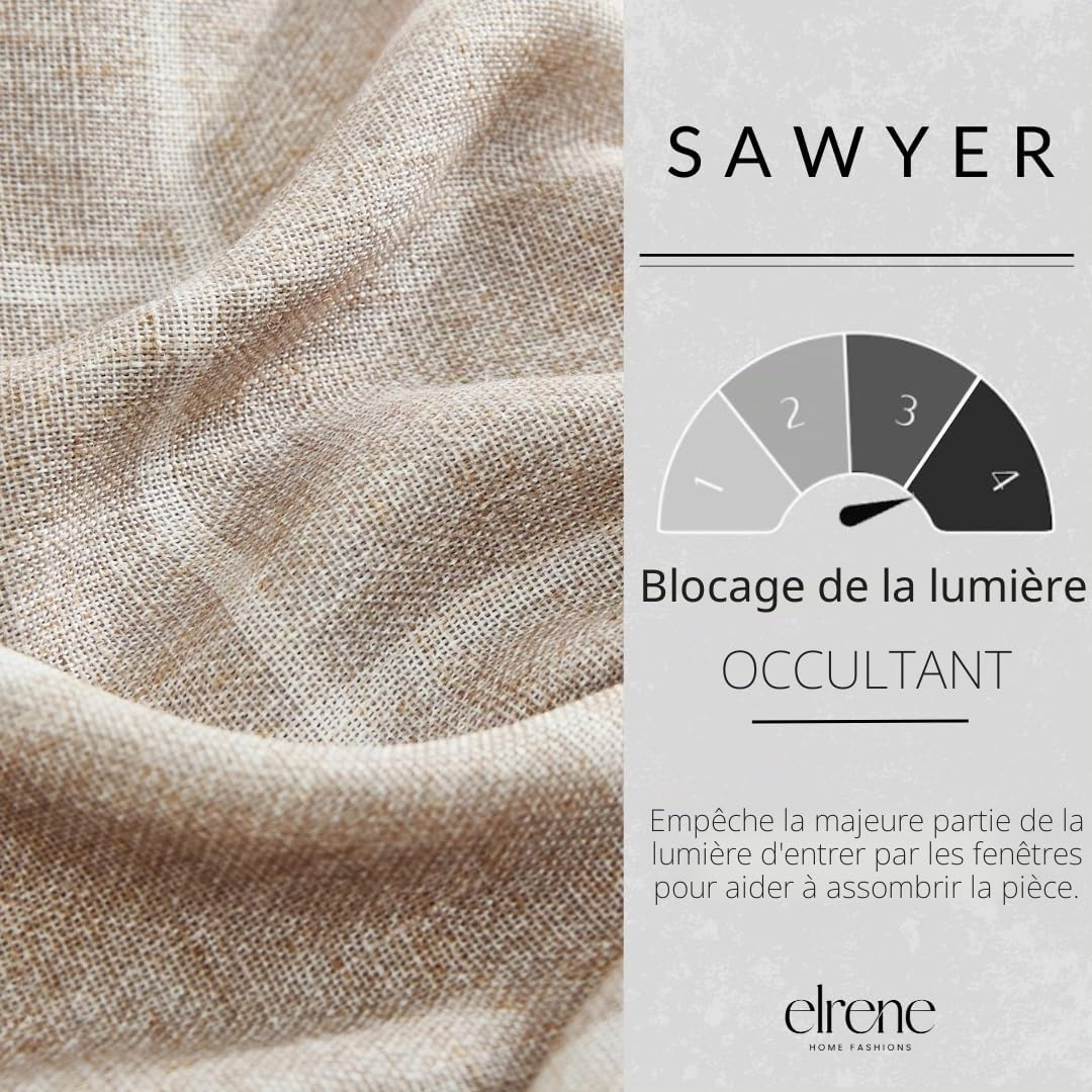 Elrene Home Fashions Sawyer Rideau de fenêtre occultant à Carreaux avec Passe-Tringle/Pattes arrière pour Salon, Chambre à Coucher, Bureau, 132,1 x 241,3 cm, Lin