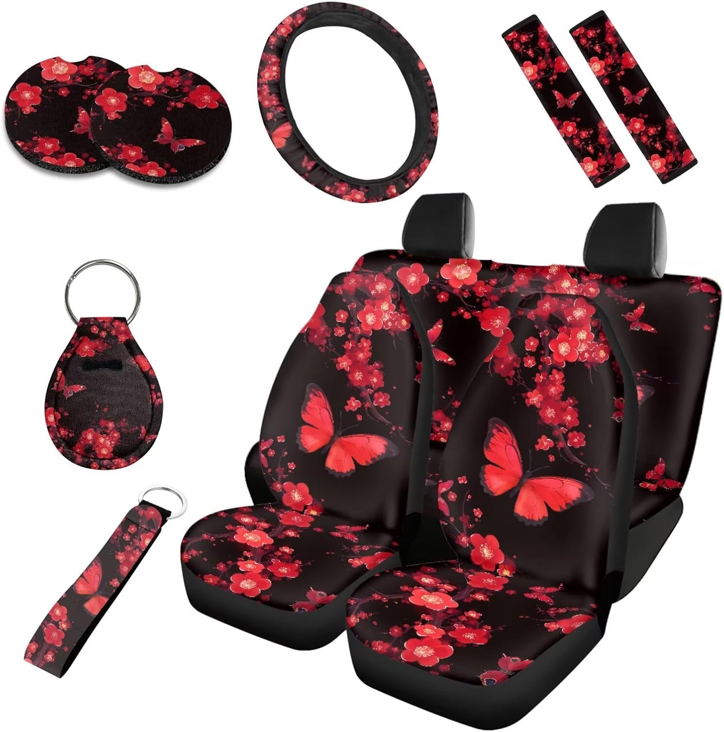 Ditsy Flower Car Seat Covers Set of 10, Universal Blue Spring Wildflower Car Interior Accessories, Rural Flowers Seatbelt Covers Polyester Front Seat Rear Seat Cover