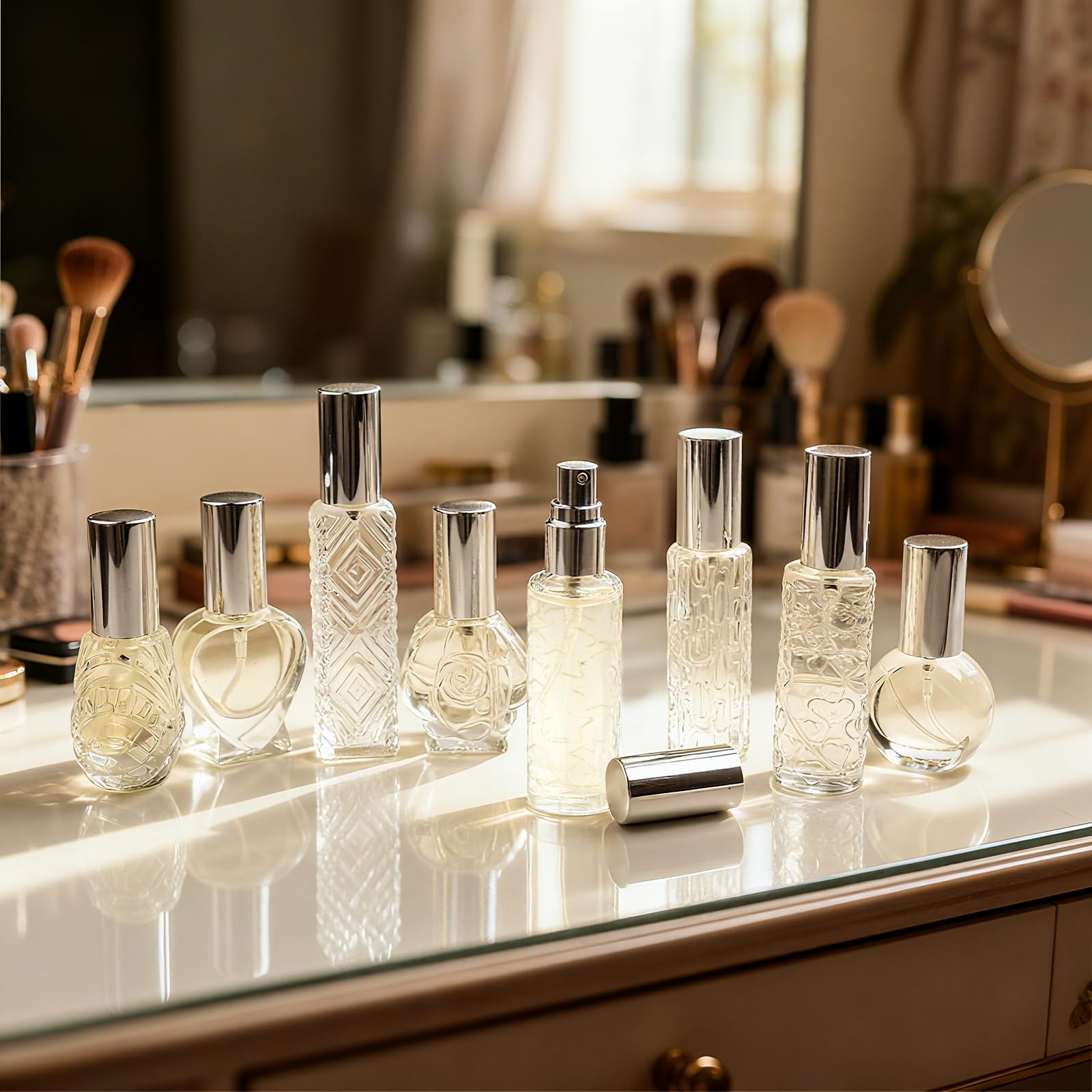 8 sztuk podróżnych pojemników na perfumy wielokrotnego napełniania 8–15 ml, mini pusta butelka z rozpylaczem z 5 akcesoriami, szklany atomizer perfum do torebki, przenośny mini dozownik