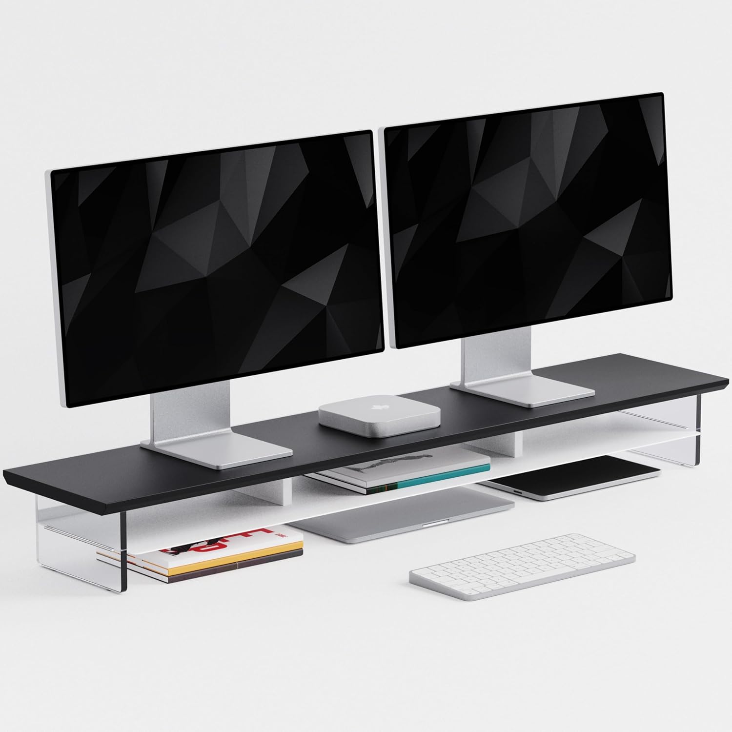 FENSULN Dual‑Tier Monitor Stand for Modern Desk Setup – Minimalist Wooden and Metal Riser Shelf with Transparent Acrylic Feet for Dual Monitors, Laptops, Home Office Aesthetic，Black and White