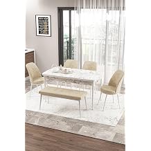 Concept Zen Serisi 80x132 cm MDF A labilir Beyaz Mermer Desen Masa Tak m , 4 Krem Sandalye ve 1 Bench