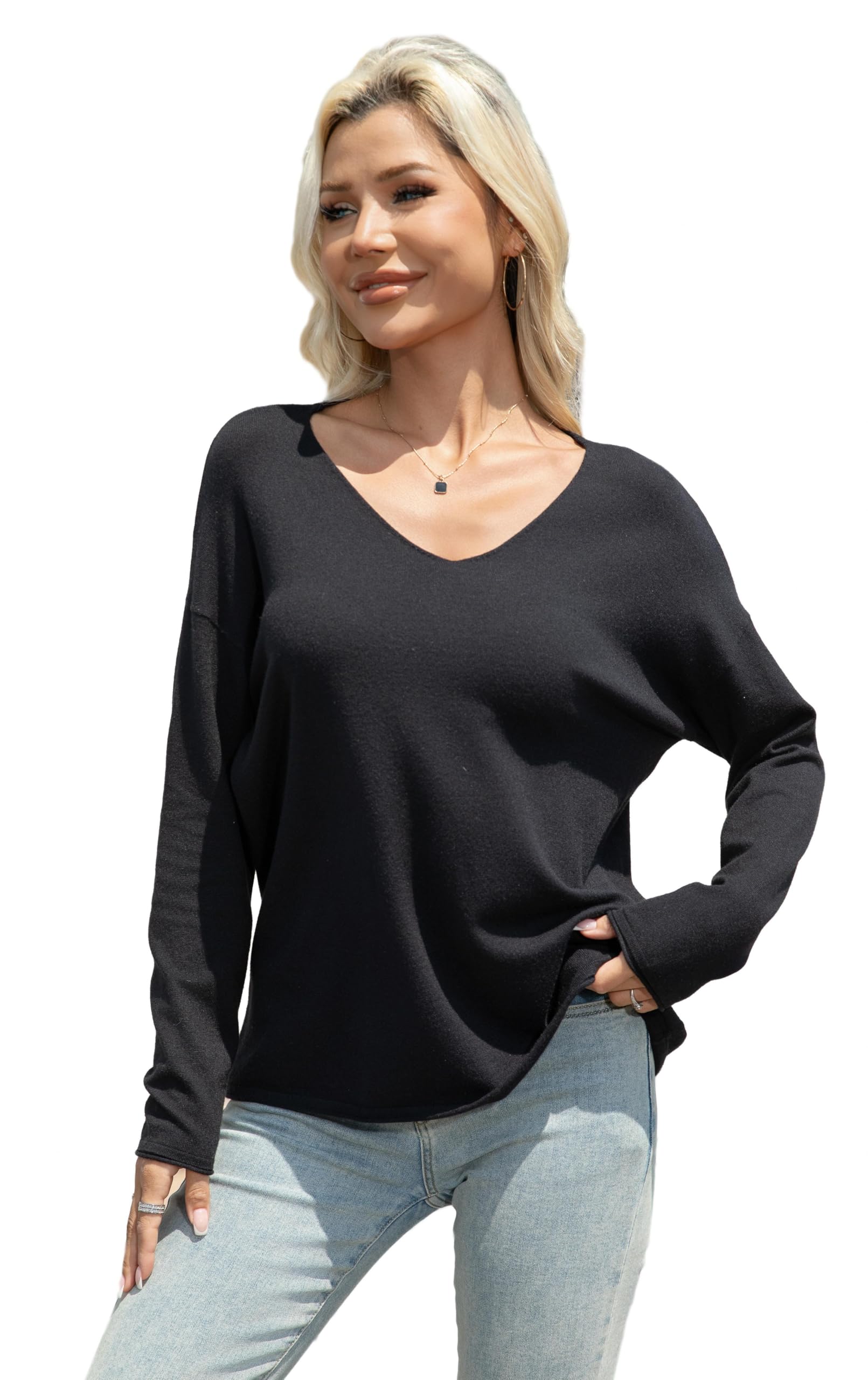 Womens V Neck Knit Sweater Loose Fit Lightweight Pullover Long Sleeve Jumper Casual Fall Winter Tops Black XL