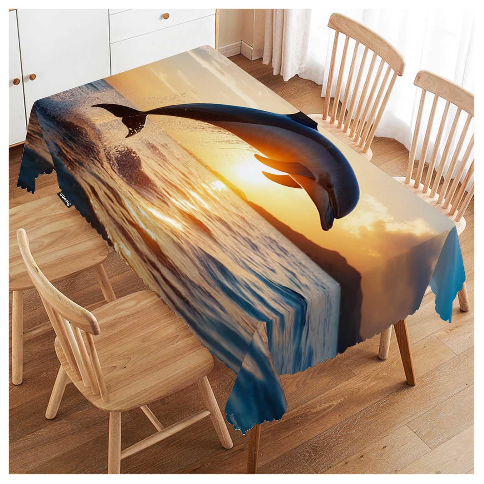 FJQWKLF Dolphin Rectangle Tablecloth Ocean Animal Dolphin Jumping Sunset Table Cloth Dining Table Cover for Home Kitchen Restaurant Party Buffet Picnic, 52x70 Inch