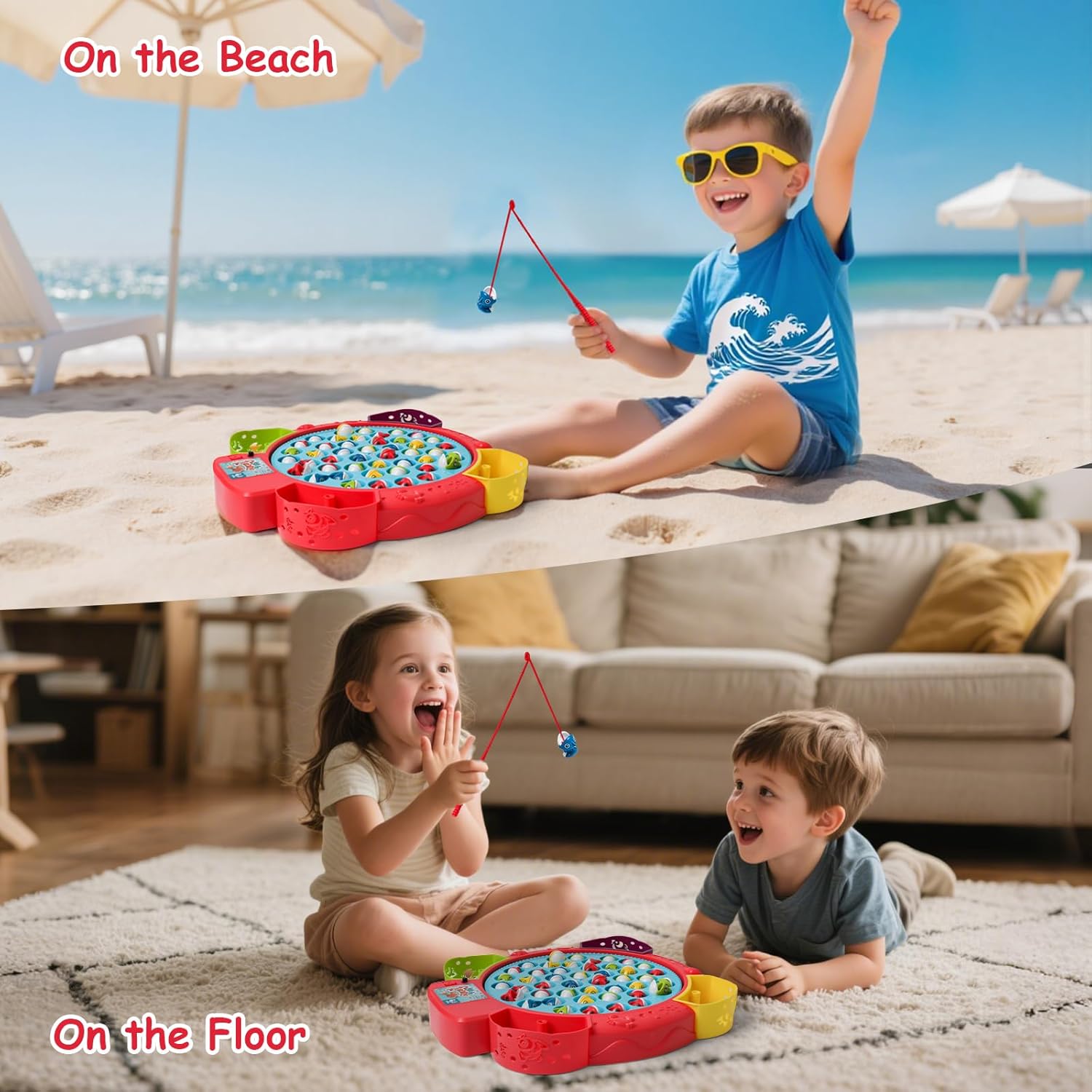 Fishing Games for Kids with 45 Fish and 4 Poles-Fishing Toy for Toddlers with 360° Rotation Board&Music,1-4 Players,Ages 3+