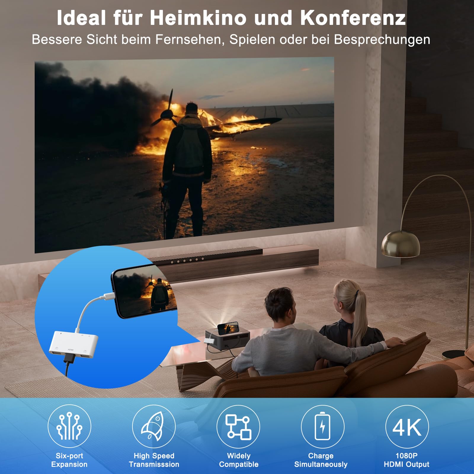 Lightning HDMI Adapter, 6 in 1 HDMI Digital AV USB SD/TF Adapter, USB Adapter mit Ladeanschluss, SD/TF Kartenleser Kompatibel mit iPhone14/14Pro/14ProMax/14Plus/13/12/11/SE/X/8/7/6, Für i-Pad