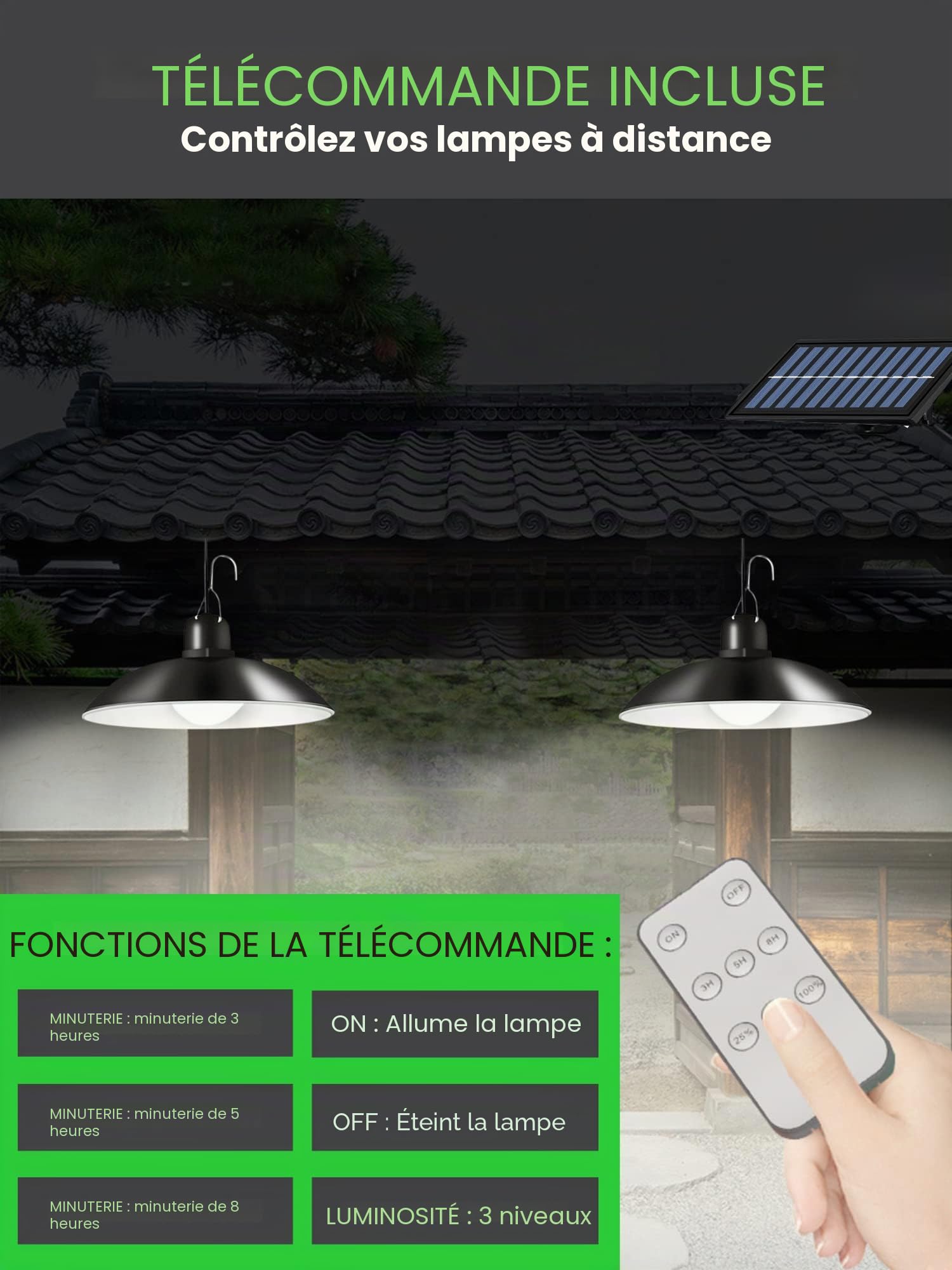 2 Lampes Suspendues d'extérieur avec Panneau Solaire. Lumières étanches IP44, 30 LED avec Télécommande et Câble de 3 m. Eclairage Chaleureux 3500K pour Jardin, Terrasse, Patio, Garage.