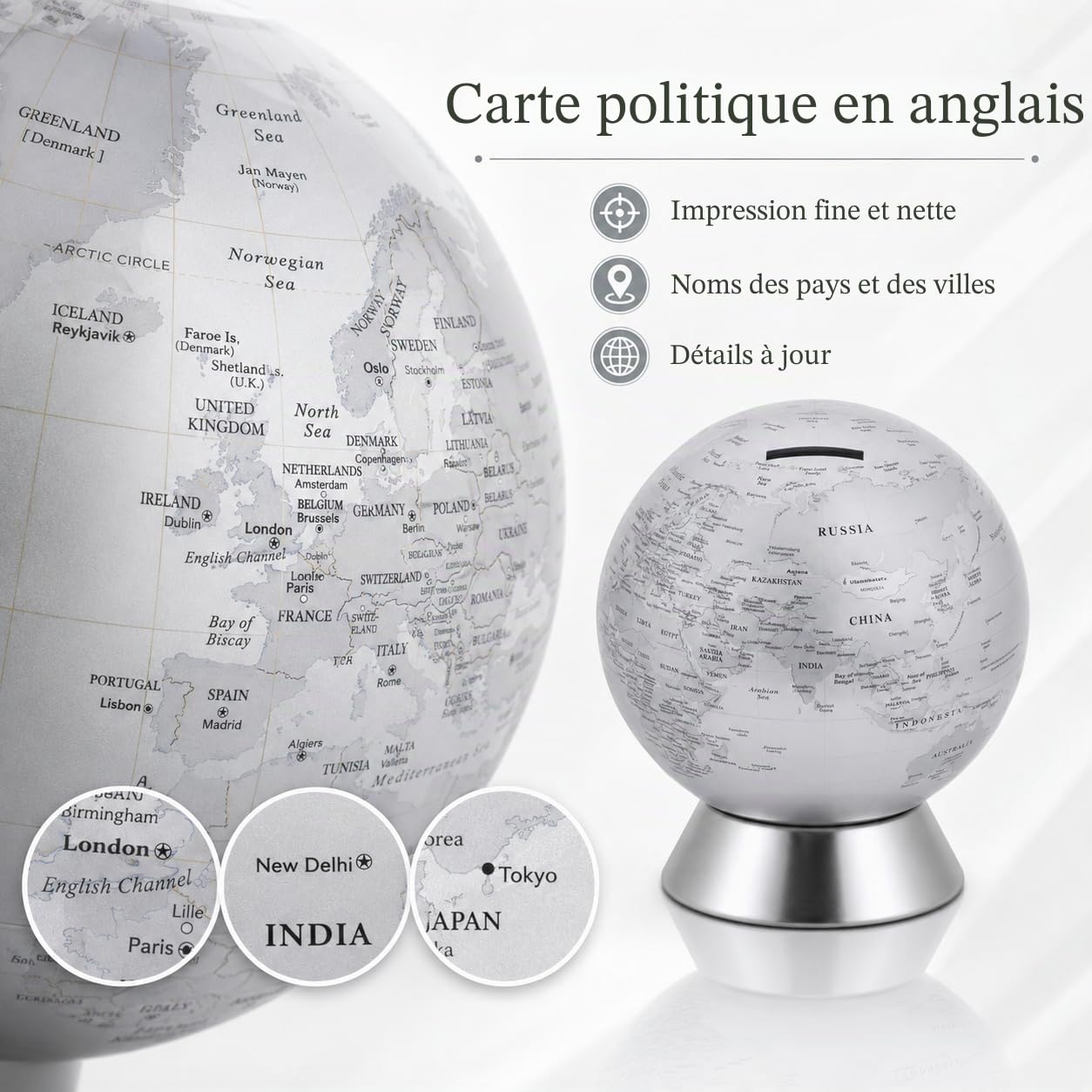 Exerz Globe Terrestre Tirelire diamètre 16cm - Carte du Monde en Anglais - Contemporain en métal - Argent
