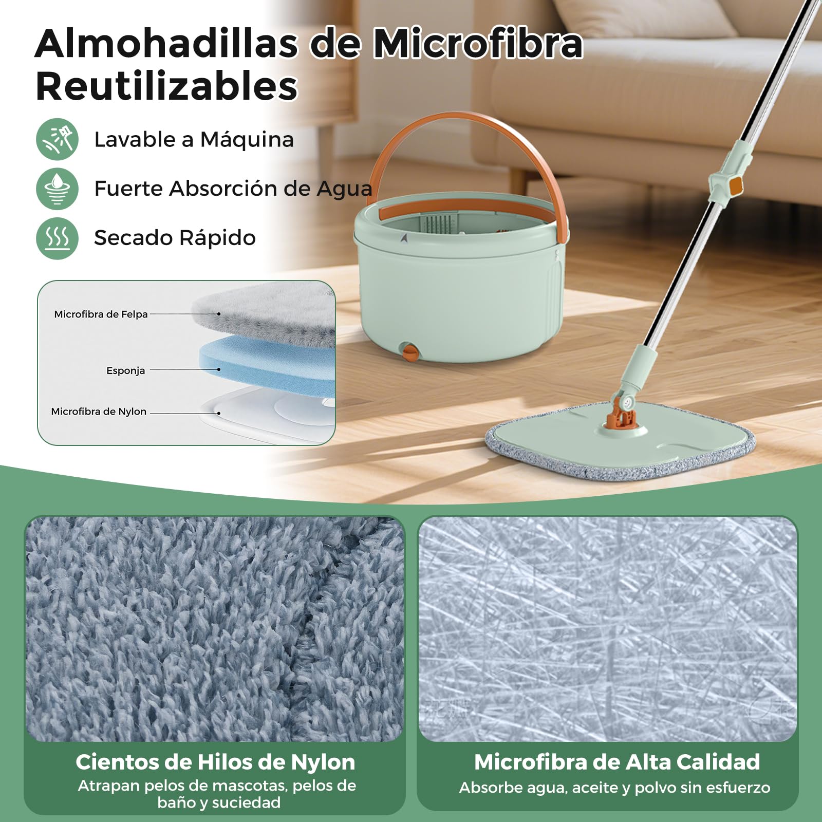 COSTWAY Juego de Fregona Mopa, con Cubo Escurridor, Fregona Autoescurrible, Fregona y Cubo para Suelo Plano con Paños de Microfibra Lavables, Sistema de Limpieza para Uso en Húmedo y Seco, Verde