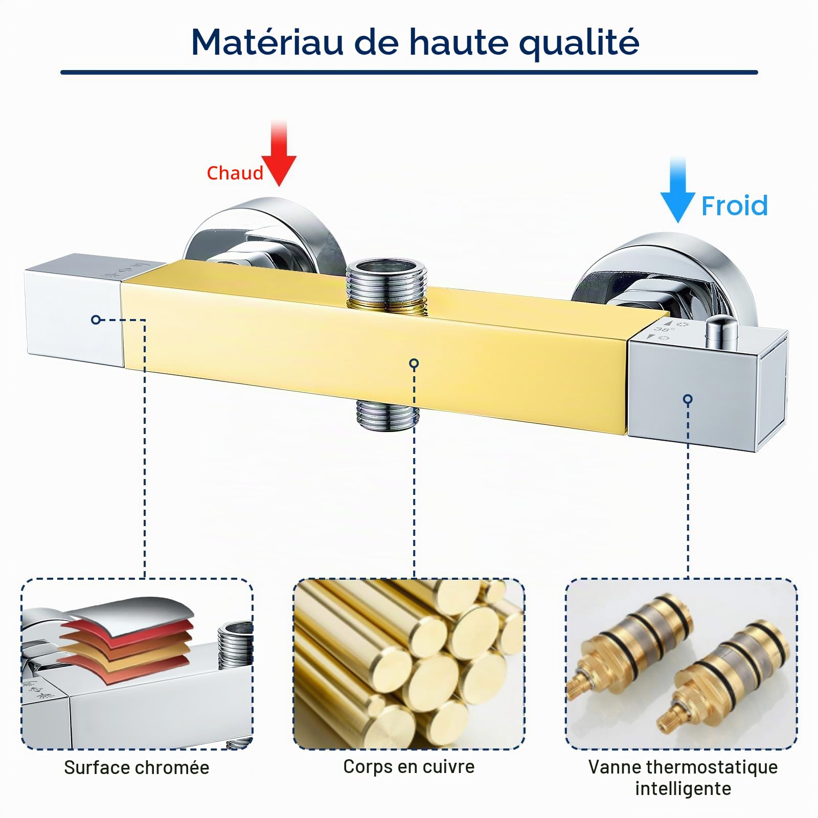 Bevanckly Robinet de douche thermostatique, en laiton 2 sorties chromées haut 3/4" BSP (26,4 mm) + bas 1/2" BSP (21 mm)