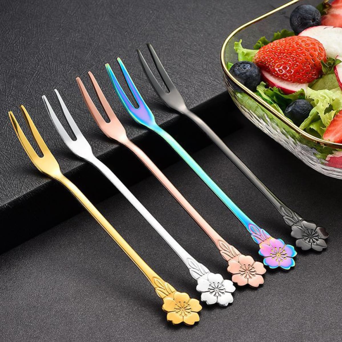 Cherry Blossom Fruit Forks 10pcs Dessert Utensils Two-tine Stainless Steel