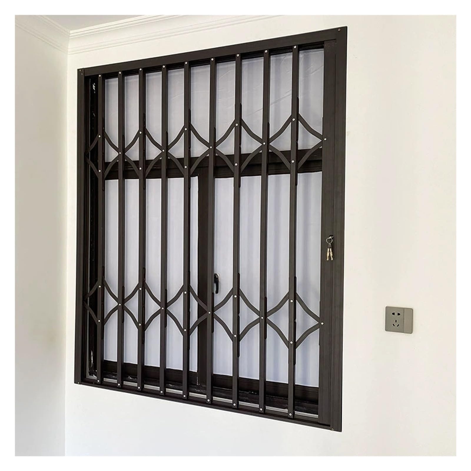Rejilla de ventana anticaídas y robos: barras grises de aluminio plegables con cierre de seguridad