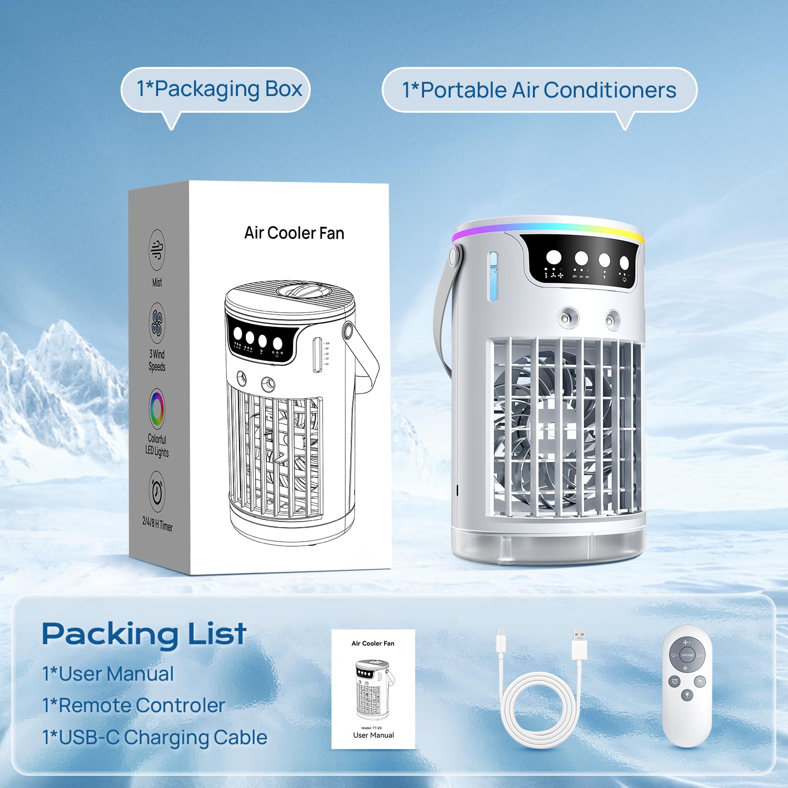 Przenośny klimatyzator, USB 4 w 1, mały klimatyzator z mgiełką chłodzącą lodem, do sypialni, biurka, 1200 ml, mini ewaporacyjne ochładzacze powietrza z timerem 2-8H, 3 prędkości, 7 kolorów, lampka