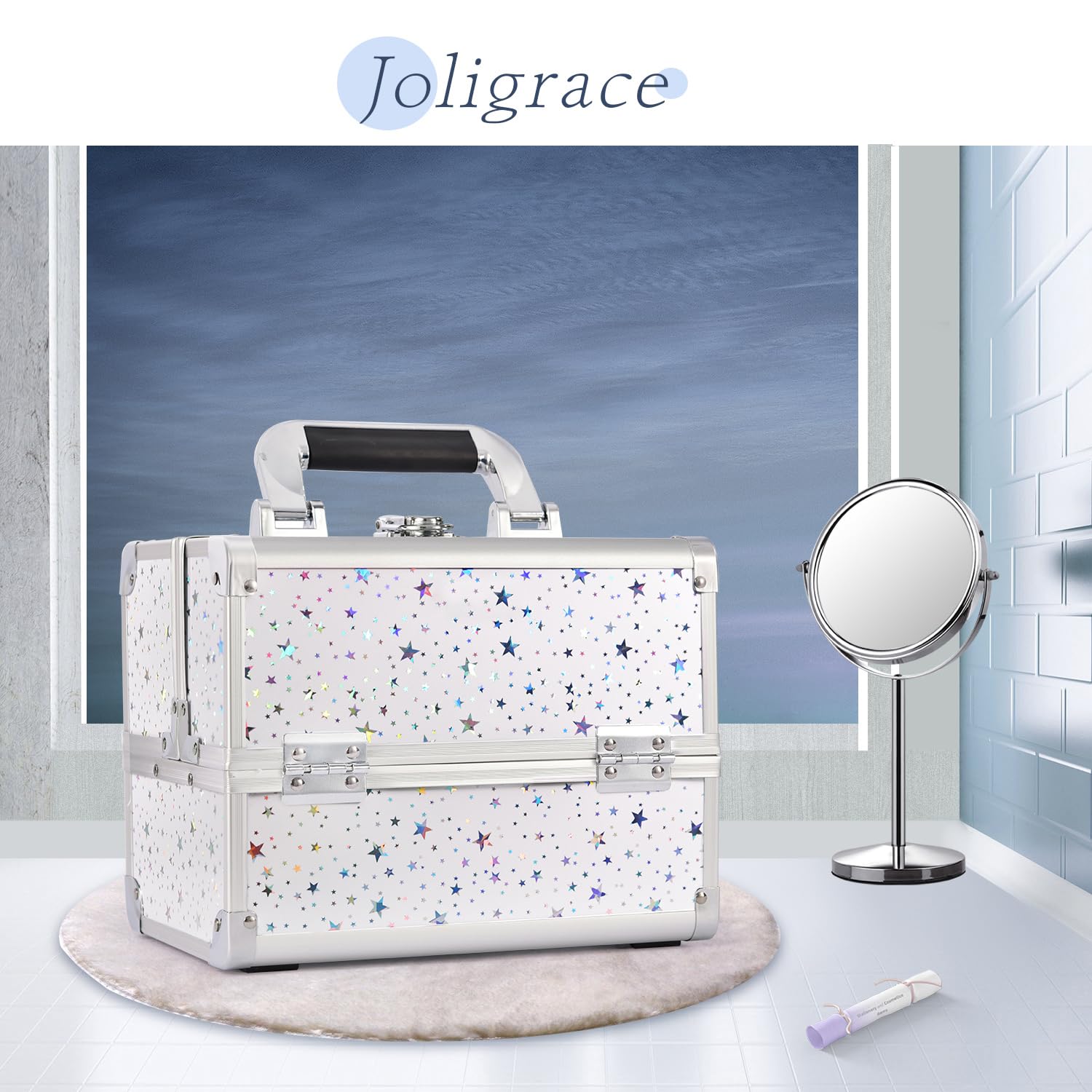 Joligrace Estuche organizador de maquillaje para cosméticos, caja de almacenamiento de belleza, caja de tocador con espejo con cerradura y llaves, Estrella holográfica blanca