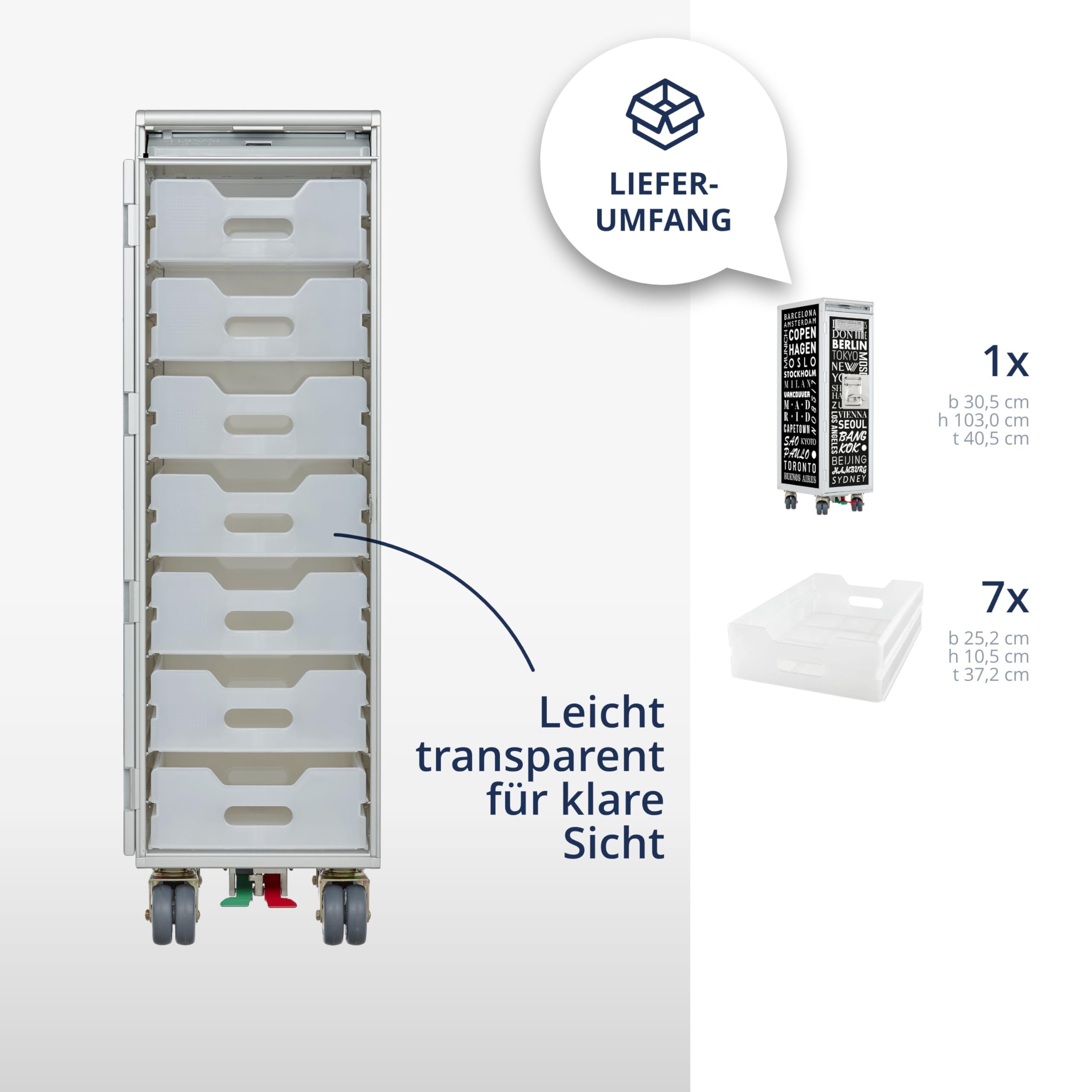 Airline Trolley Cosmopolitan, Büroschrank, Industrial Style Möbel, Schubladenschrank, Norm: Atlas, 103 x 30,5 x 40,5, Flugzeugtrolley, Schwarz, 7 Einschübe
