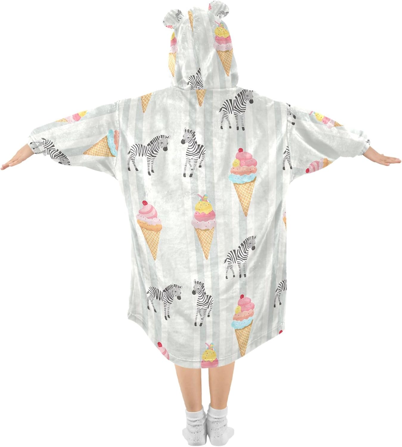 Cute Zebra Ice Cream Kids Wearable Blanket Hoodie with Pocket and Sleeves for Toddlers, Cute Hoodies Girls Boys