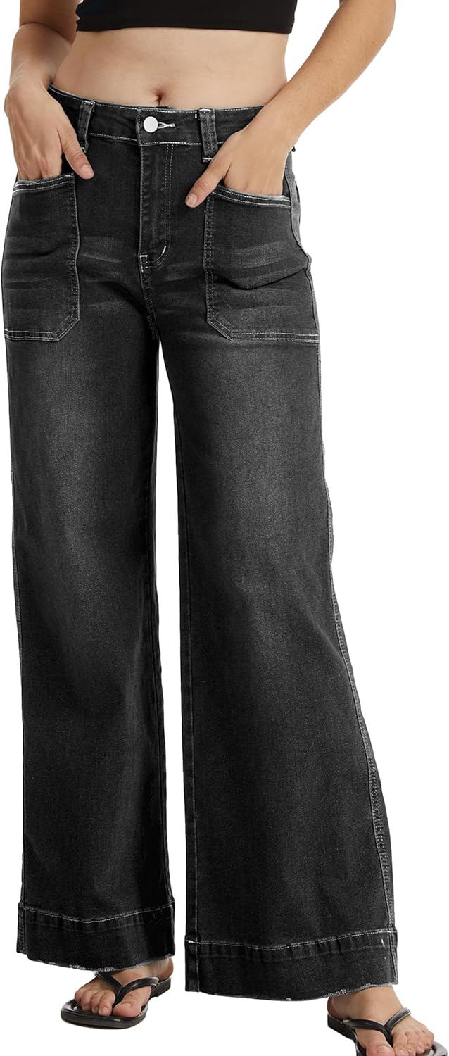 Mid Rise Jeans for Women Wide Leg Baggy Jeans Trendy Stretchy Casual Without Belt - Image 2