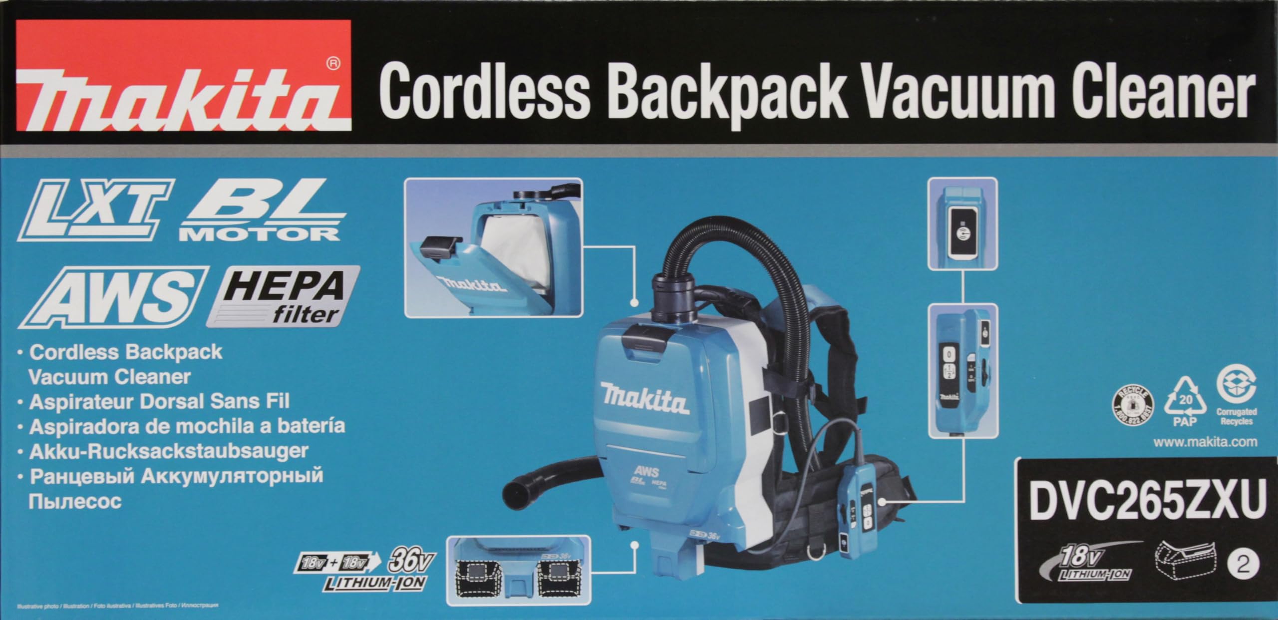 Makita Aspirateur 36 v = > 2 x 18 v li-ion 110 mbar makita - sans batterie, ni chargeur - dvc265zxu