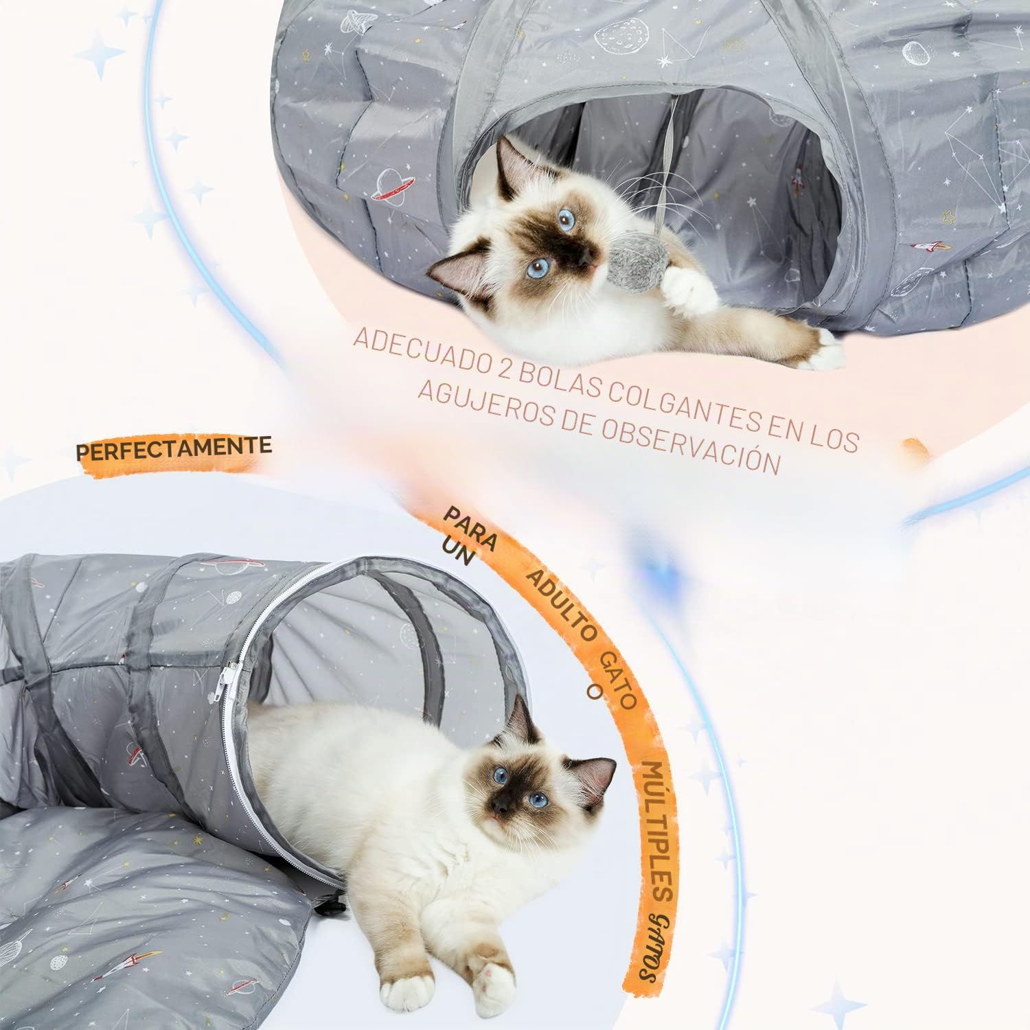 PAWZ Road Túnel para gatos, cama túnel para gatos con alfombrilla central blanda y juguetes de peluche, tubo túnel plegable con bonitos estampados de cohetes para gatitos, conejos de interior