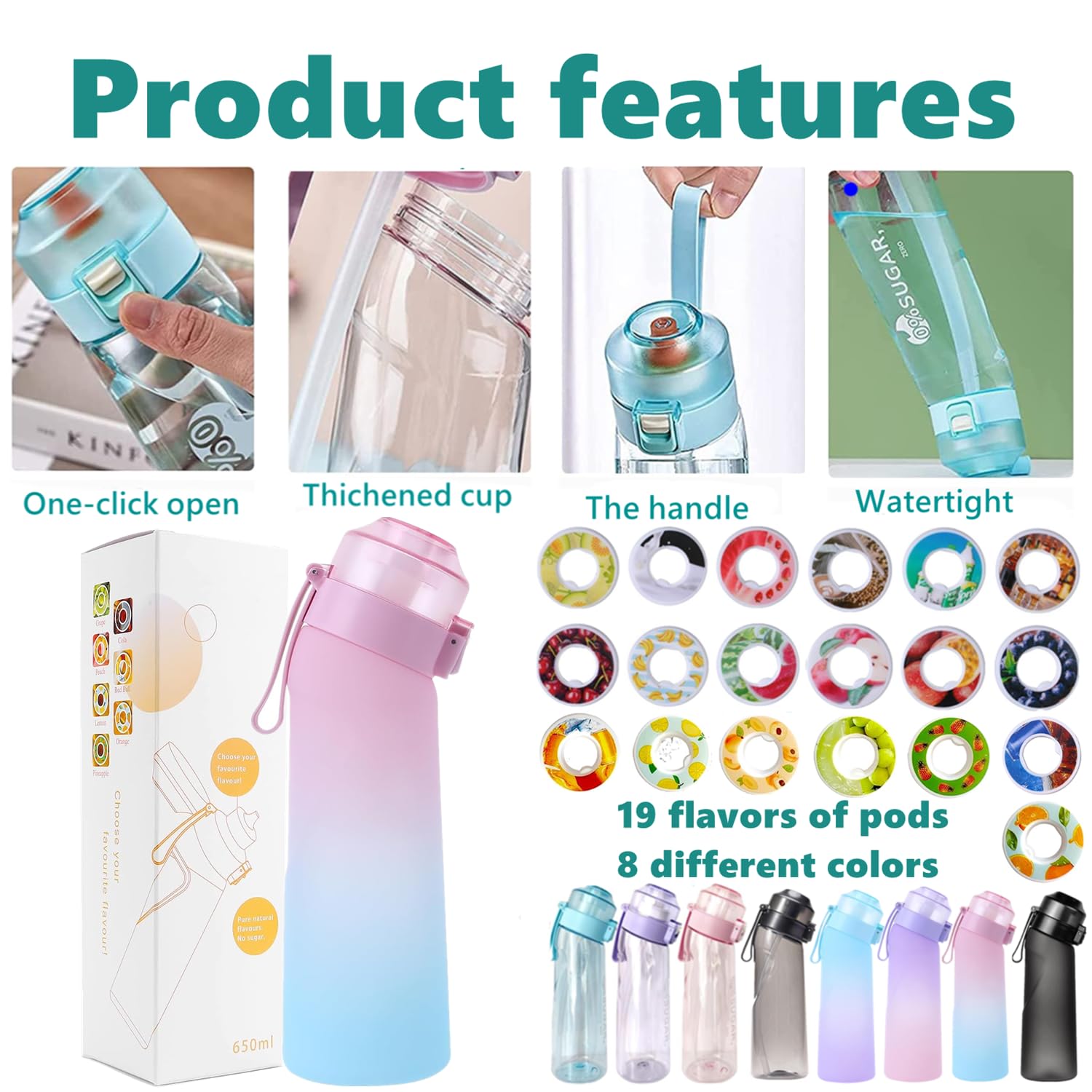 650 Ml Sport-luchtwaterfles BPA-vrij Startset Drinkflessen, Fruitgeur 650 Ml Sport-luchtwaterfles BPA-vrij Startset Drinkflessen, Fruitgeur