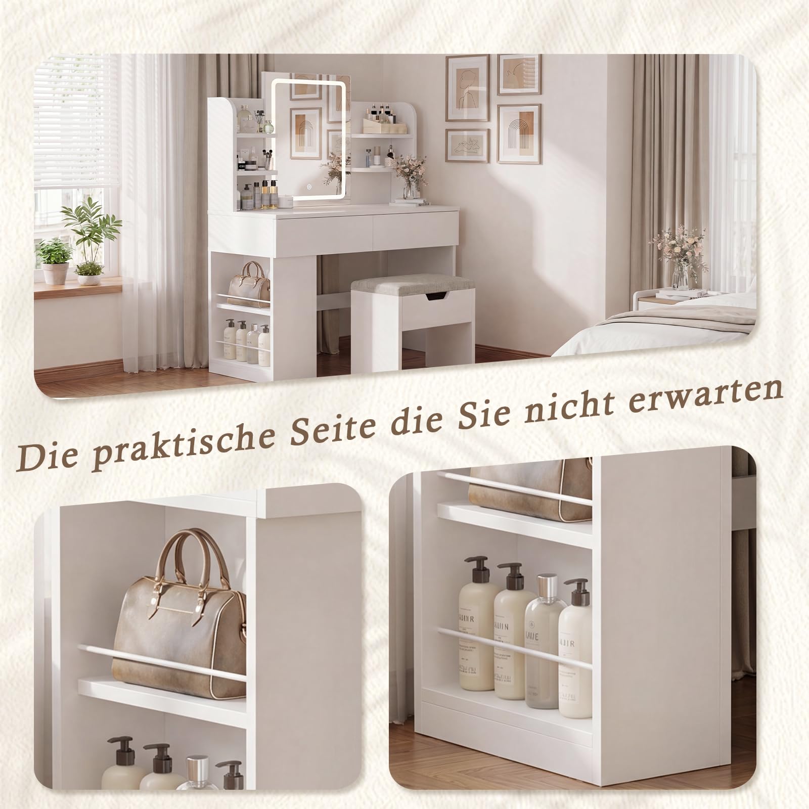 JUMMICO Schminktisch mit LED-Spiegel, moderner minimalistischer Schminktisch für Schlafzimmer, mit 2 Schubladen + 4 Regalen, 3-stufige Dimmfunktion und Touch-Schalter (Set, 135x90x40 cm)