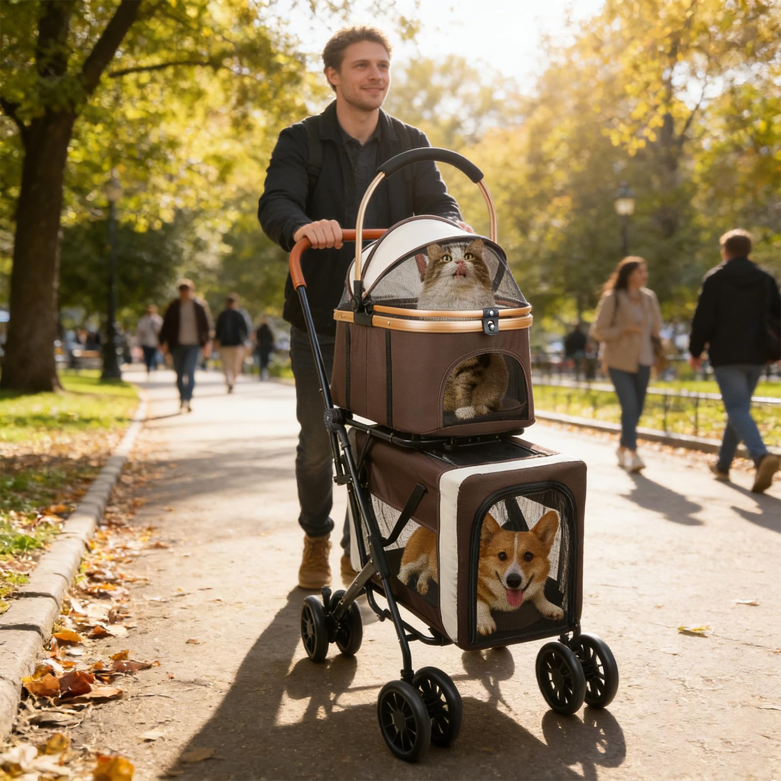 Homewell Passeggino per cani 2 in 1, passeggino per animali domestici a doppio piano, passeggino per cani di piccola taglia, passeggino per animali domestici con finestre a rete, fino a 40 kg (caffè)