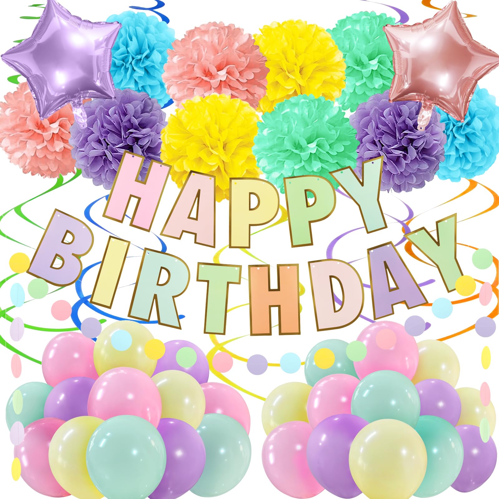 Pastel Birthday Decorations, Multicolored Happy Birthday Banner with Paper Pompoms Party Balloons for Boys Girls Women Party Decorations Supplies