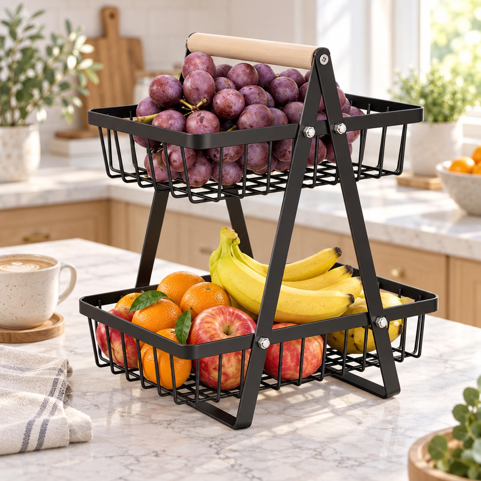 Hikrxya 2 Stöckig Obstkorb Etagere Schwarz - Obstschale Etagere mit Holzgriff - 2 Stöckig Metall Obstschale Küche