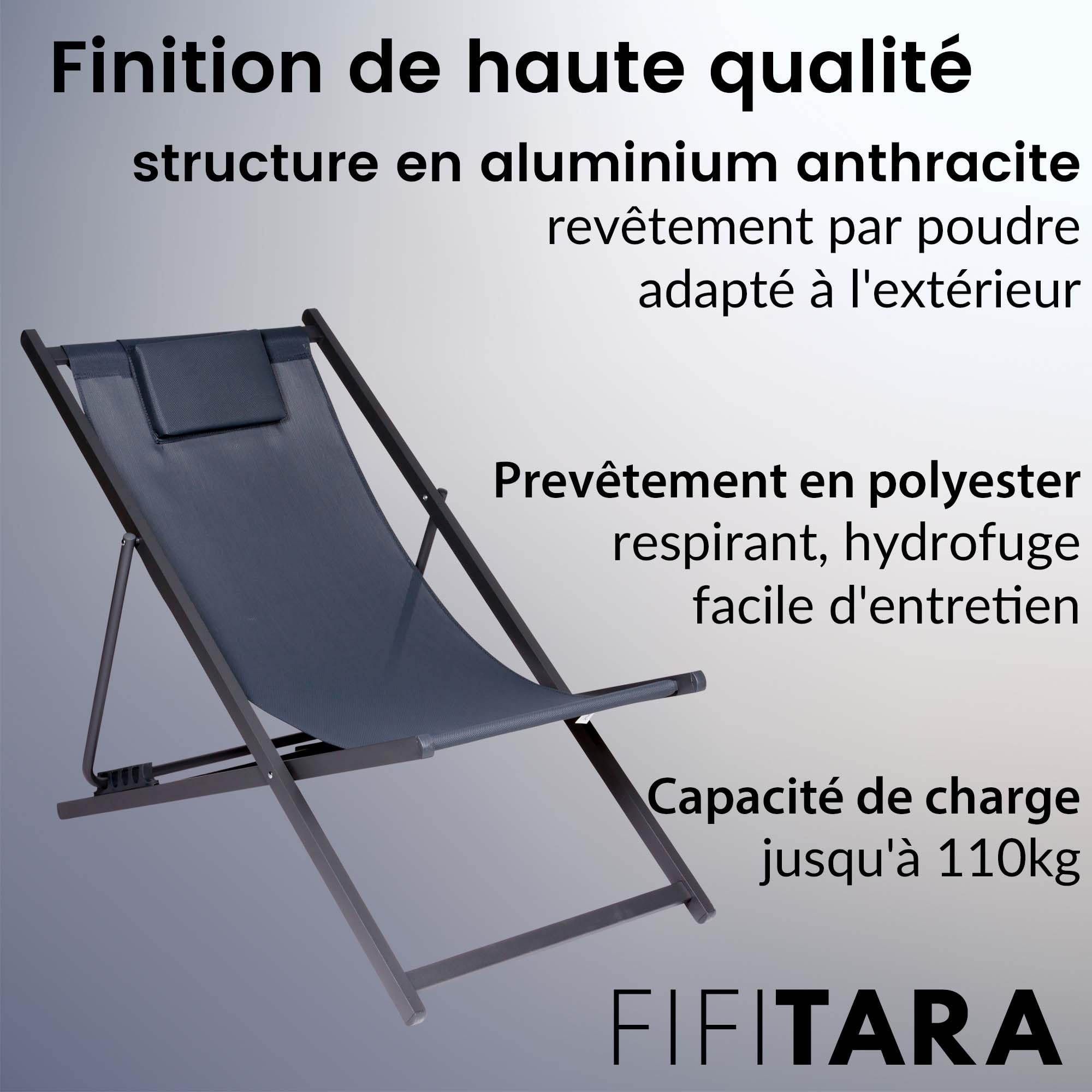 2X Chaise longue pliante en métal anthracite, capacité de charge jusqu'à 150kg, réglage du dossier à 4 positions, Chaise pliante pliante pour jardin, balcon, terrasse, chaise de plage, chaise