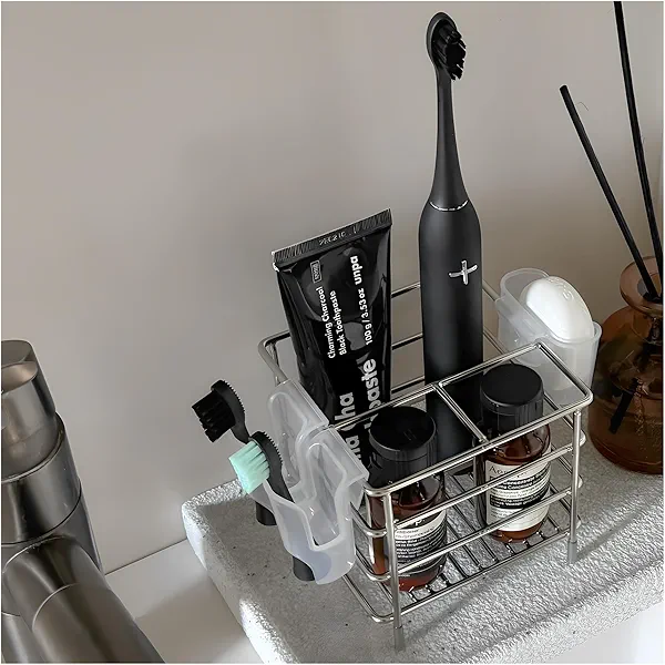 T.R.Sani. Electric Toothbrush Holders for Bathrooms, Stainless Steel Tooth Brush Holder and Kids Toothpaste Holder with 3 Slots, Miltipurpose Organizer for Shower, Vanity, Office Desk - Silver