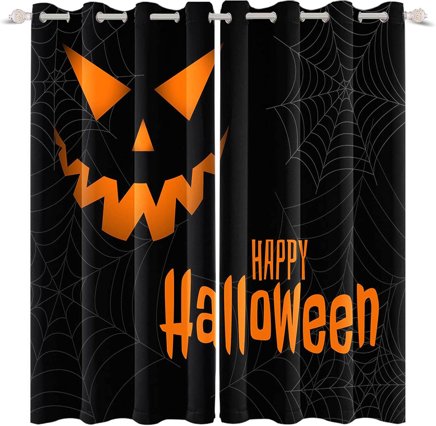 Yeele Happy Halloween Blackout Curtain Black Background Grey Spider Net Curtain for Kids Bedroom Thermal Insulation Living Room Curtains,26x63in(2panels)