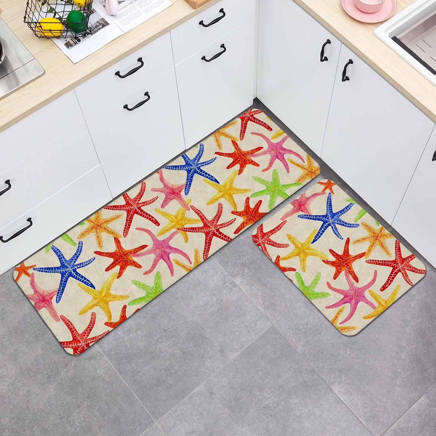 Marine Life Kitchen Mat Set 2 Pieces Vintage Red Yellow Pink Blue Green Orange Starfish Non Slip Kitchen Rugs Washable Runner Rug Mats for Floor Sink Laundry Office 15.7" x 23.6"+15.7" x 47.2"