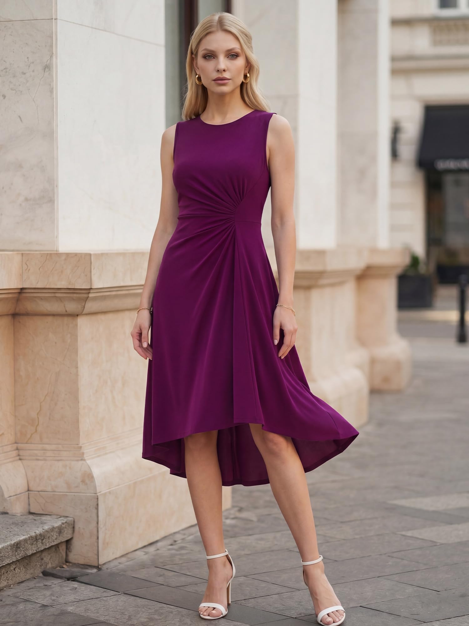 Ever-Pretty Robe Cocktail Femme Col Rond Midi Length sans Manche Pliée CG50009