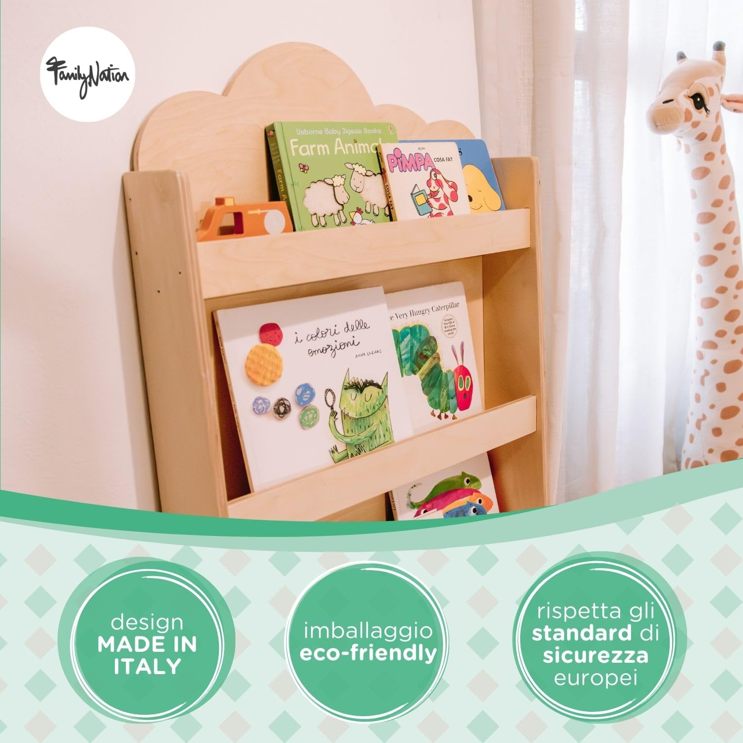 Family Nation, Libreria Frontale Montessoriana Cloud per Bambini, Ideale per Contenere e Organizzare Libri, Solida Struttura in Legno, Natural, 95x60x12,5cm