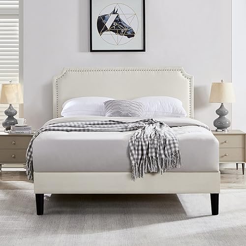 ZeeFu Marco de cama matrimonial, plataforma tapizada de tela de lino beige con cabecera curvada ajustable y ribete de remache, no necesita somier,