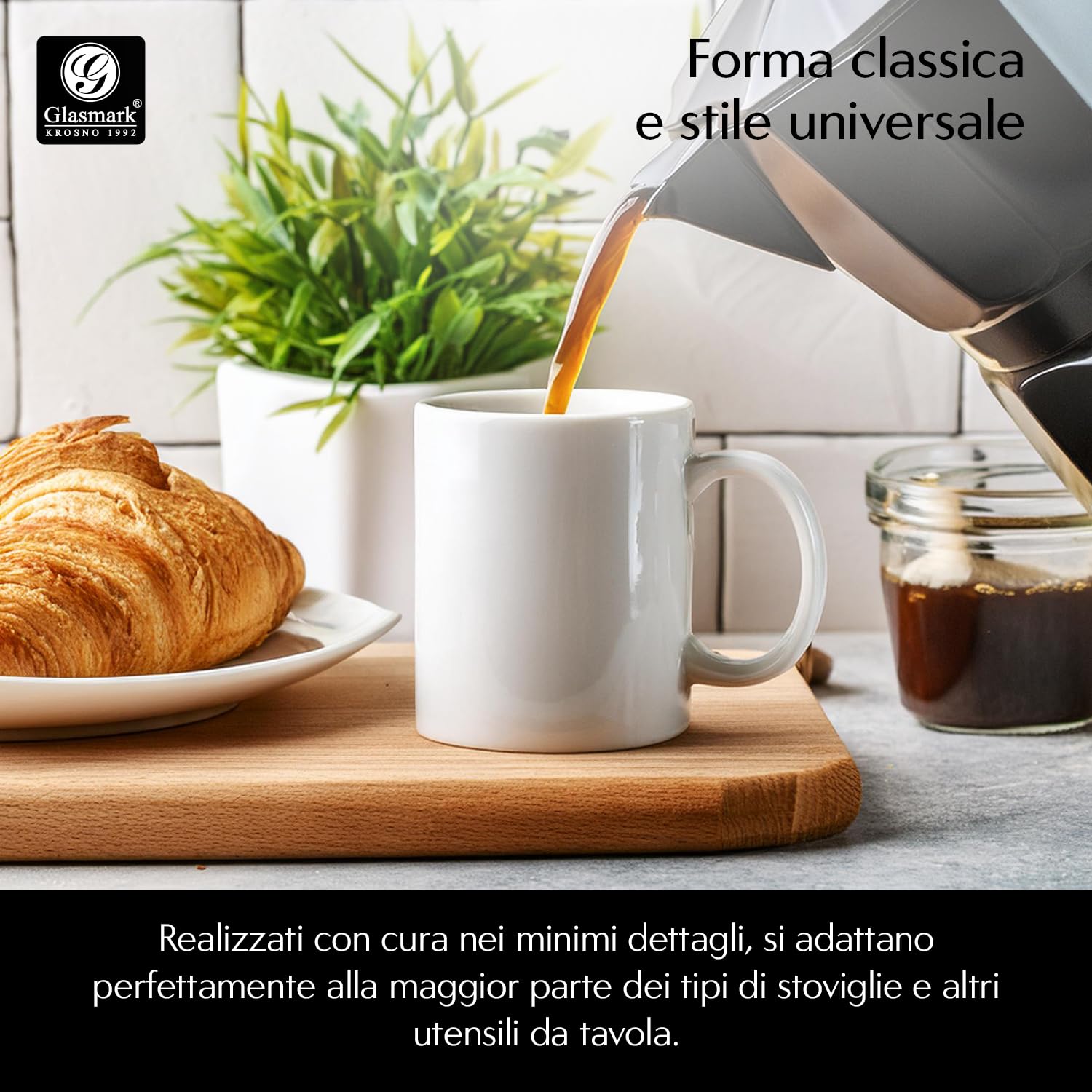 Glasmark Krosno - Set di 6 tazze da caffè in ceramica con manico, 300 ml, colore: Bianco