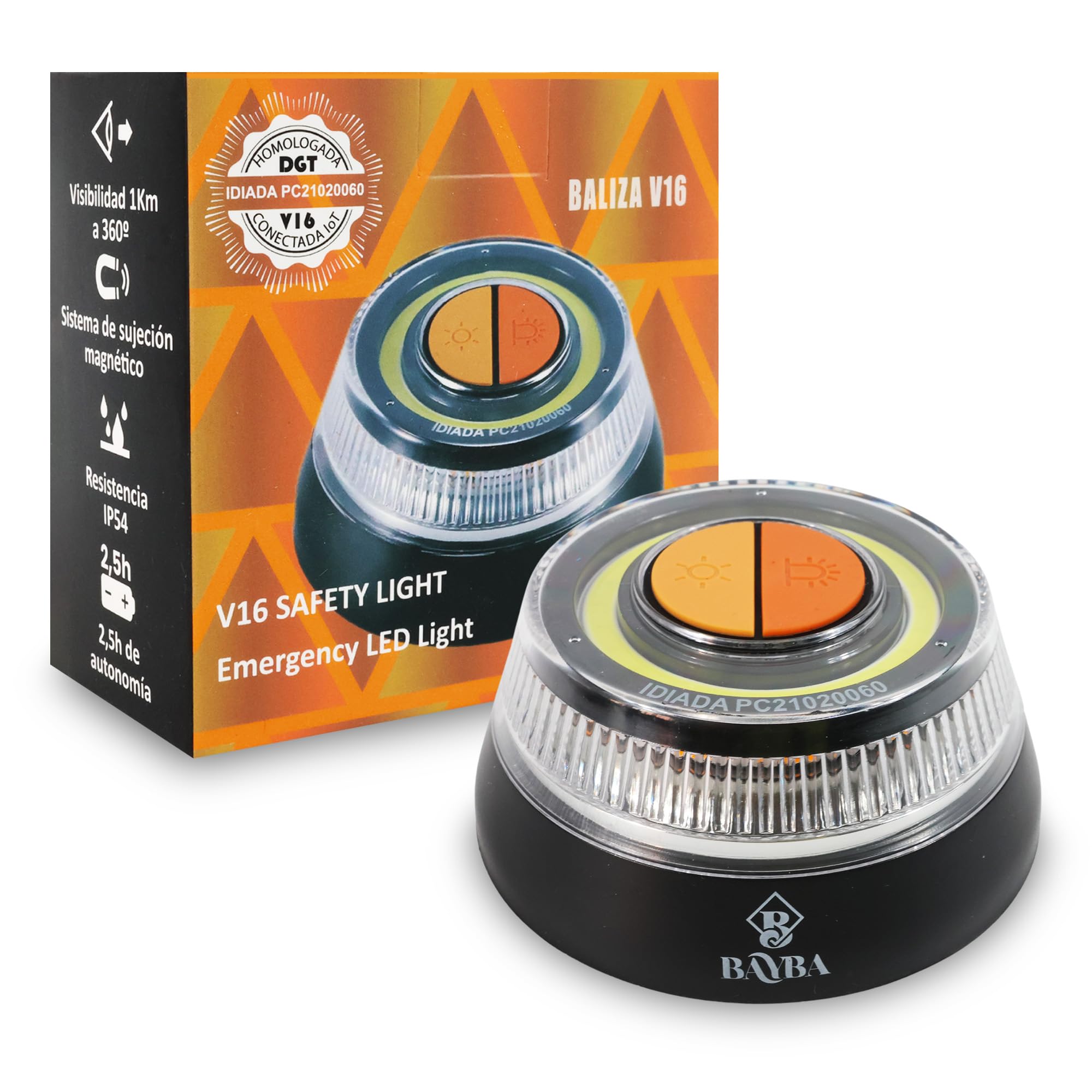 Luz de emergencia para coche homologada DGT con base imantada. Baliza V16 homologada DGT para señalización frente a averia. Señal luminosa de aviso visible a 1 km. 1 Unidad