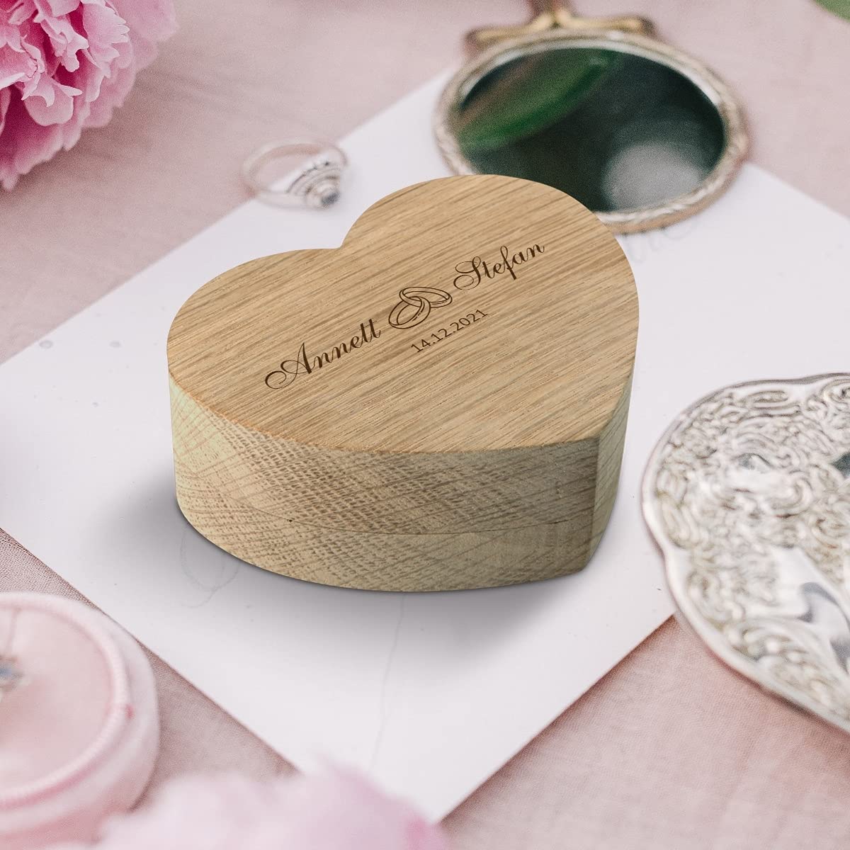 Hochzeit Ringbox Herz Ringkissen Ringschachtel individuell 10 x 8,5 cm Eichenholz - Ringe