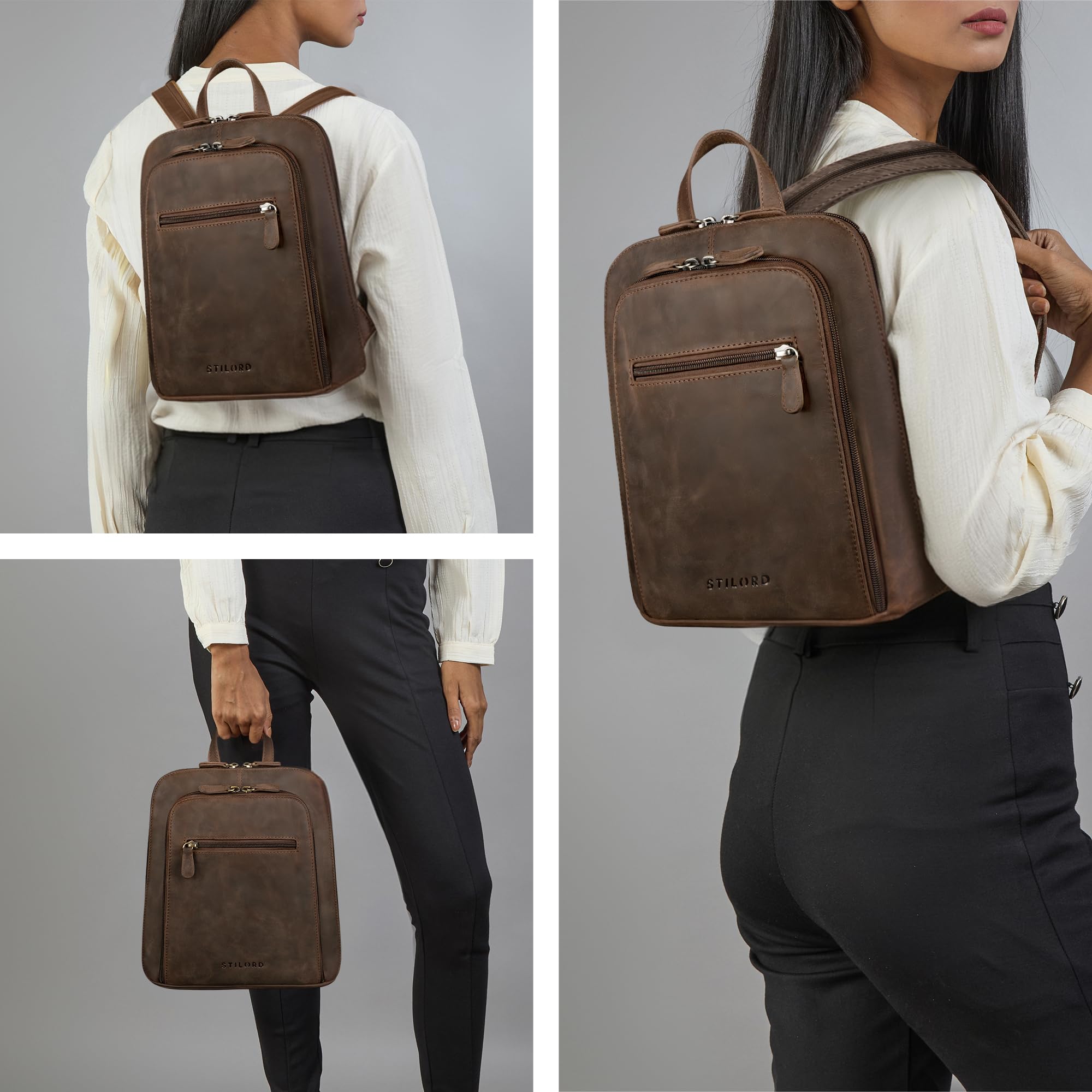 STILORD "Millie City Rucksack Damen Braun Leder Klein Damenrucksack Modern Kleiner Lederrucksack Echtleder Daypack Mini Cityrucksack Rucksacktasche